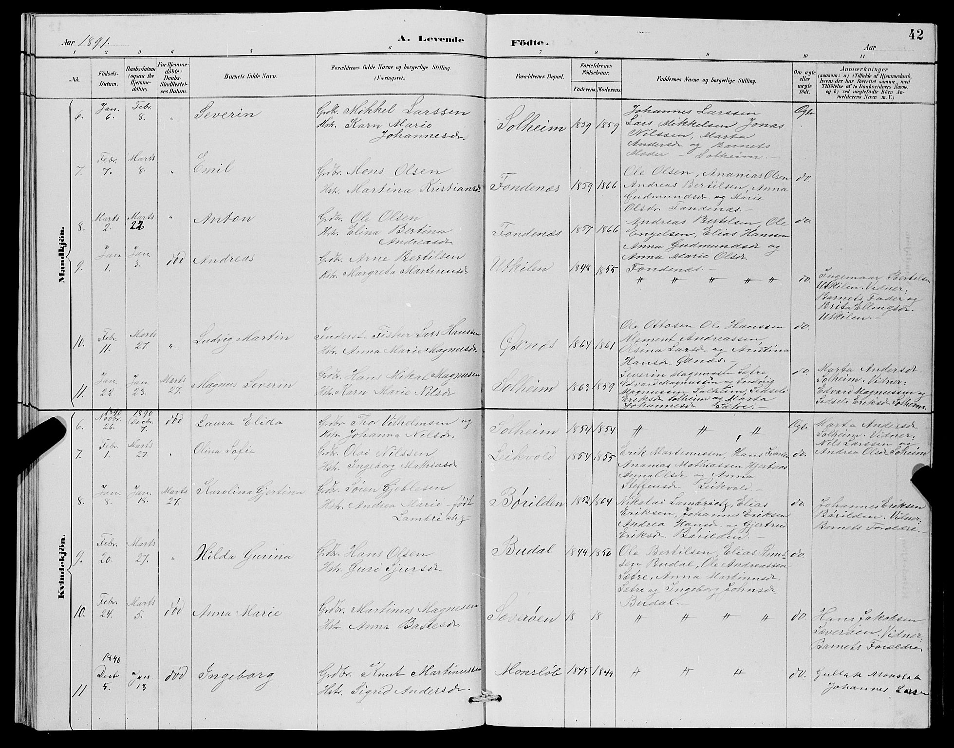 Lindås Sokneprestembete, AV/SAB-A-76701/H/Hab/Habc/L0003: Parish register (copy) no. C 3, 1886-1893, p. 42