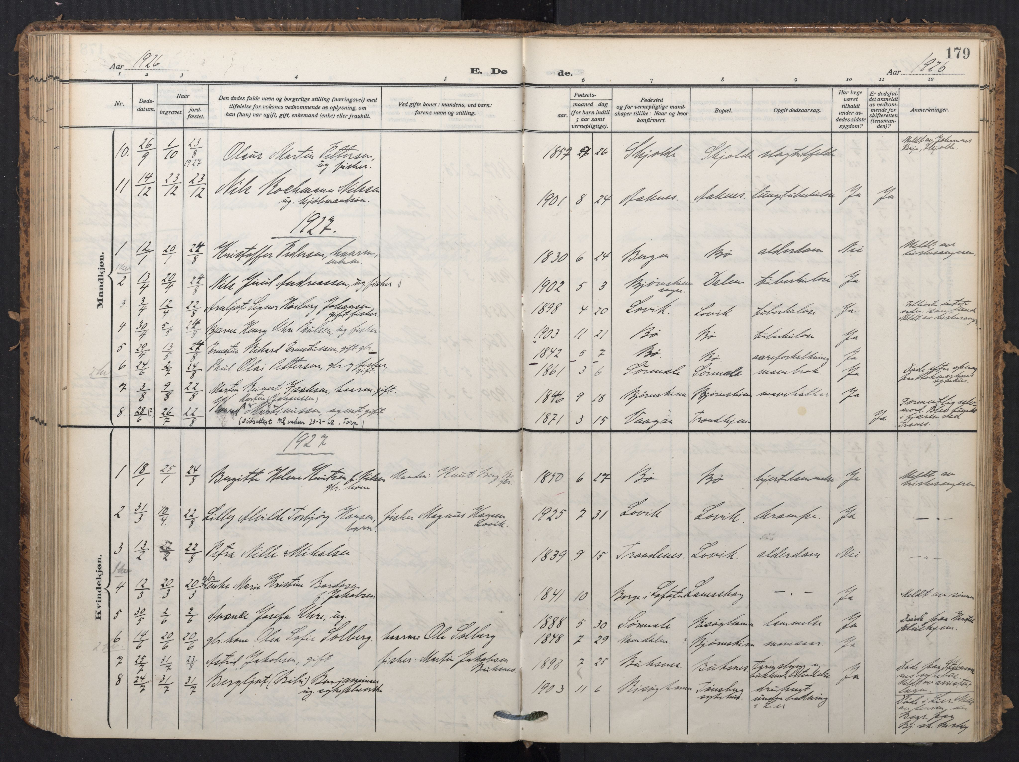 Ministerialprotokoller, klokkerbøker og fødselsregistre - Nordland, SAT/A-1459/898/L1423: Parish register (official) no. 898A03, 1909-1928, p. 179