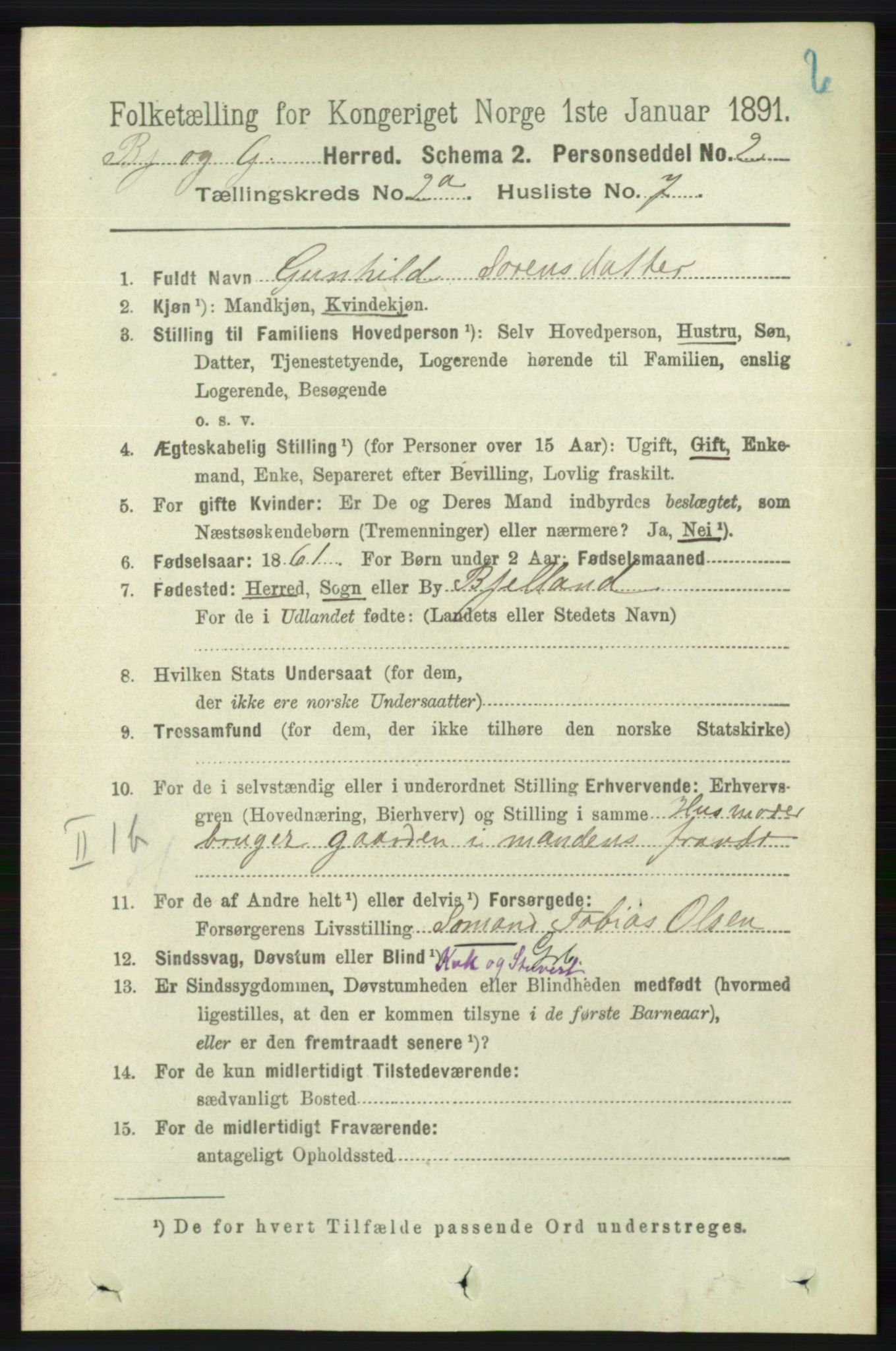 RA, 1891 census for 1024 Bjelland og Grindheim, 1891, p. 346