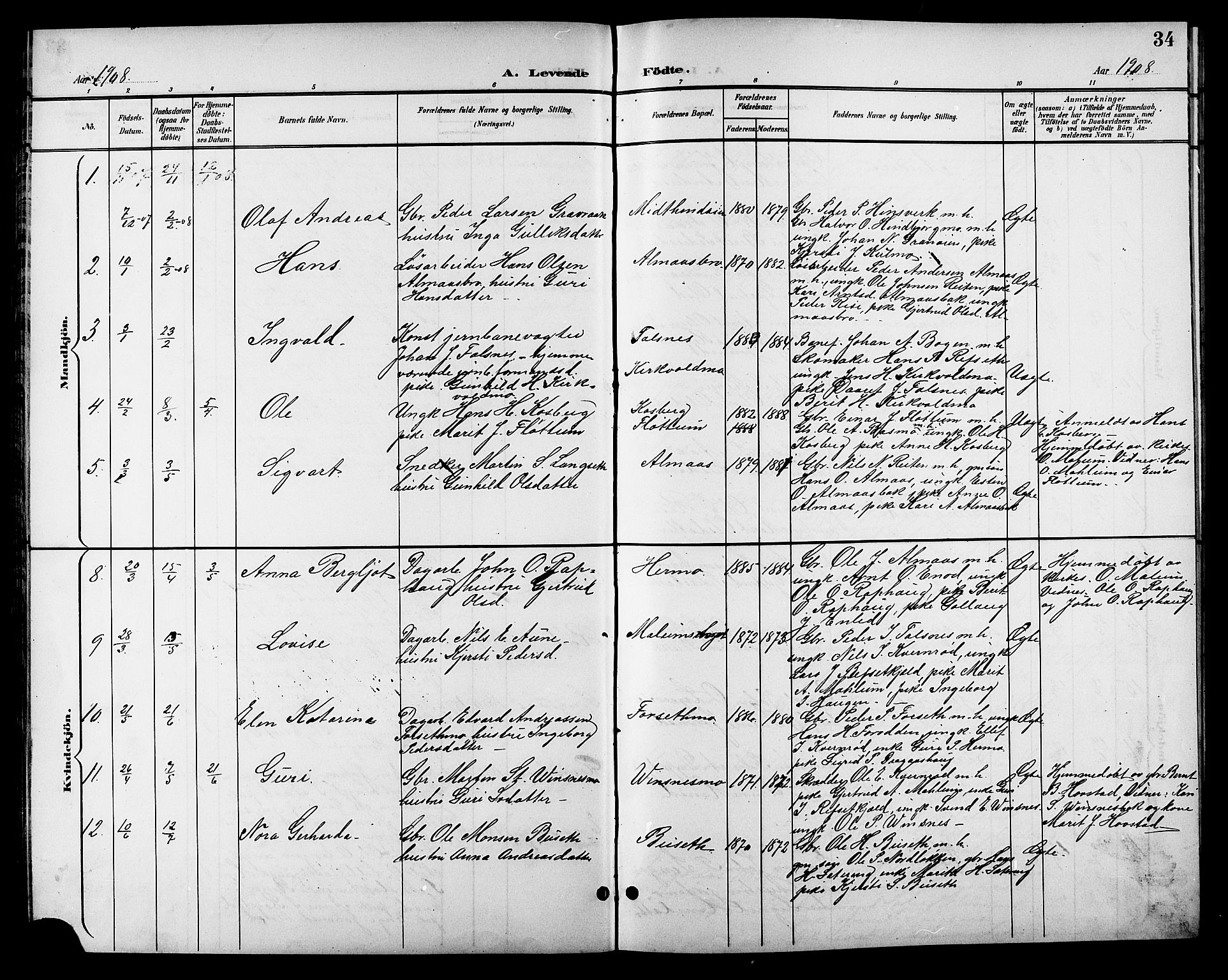 Ministerialprotokoller, klokkerbøker og fødselsregistre - Sør-Trøndelag, AV/SAT-A-1456/688/L1029: Parish register (copy) no. 688C04, 1899-1915, p. 34