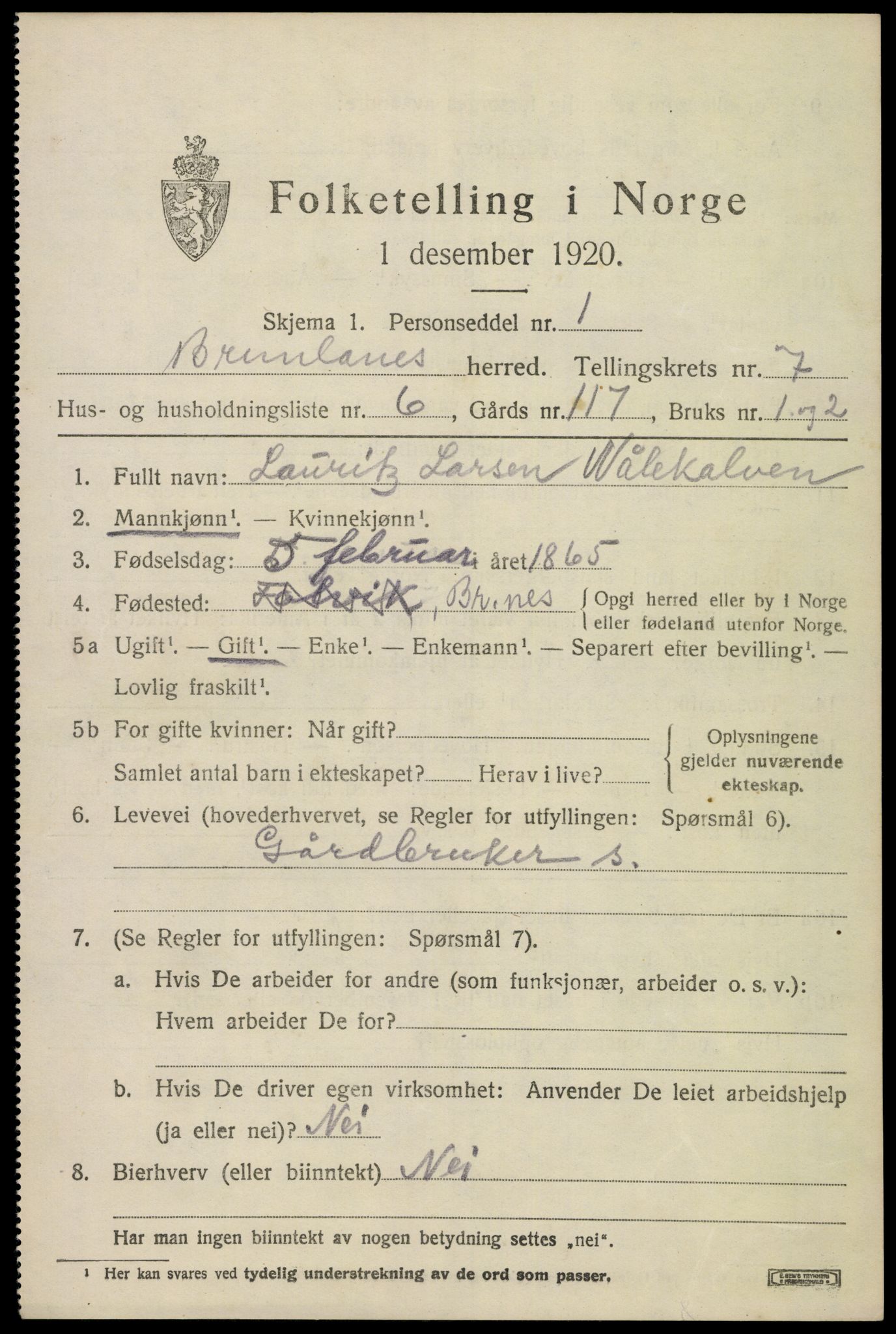 SAKO, 1920 census for Brunlanes, 1920, p. 7135