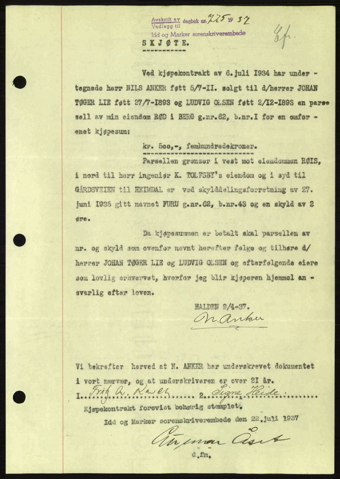 Idd og Marker sorenskriveri, AV/SAO-A-10283/G/Gb/Gbb/L0002: Mortgage book no. A2, 1937-1938, Diary no: : 725/1937