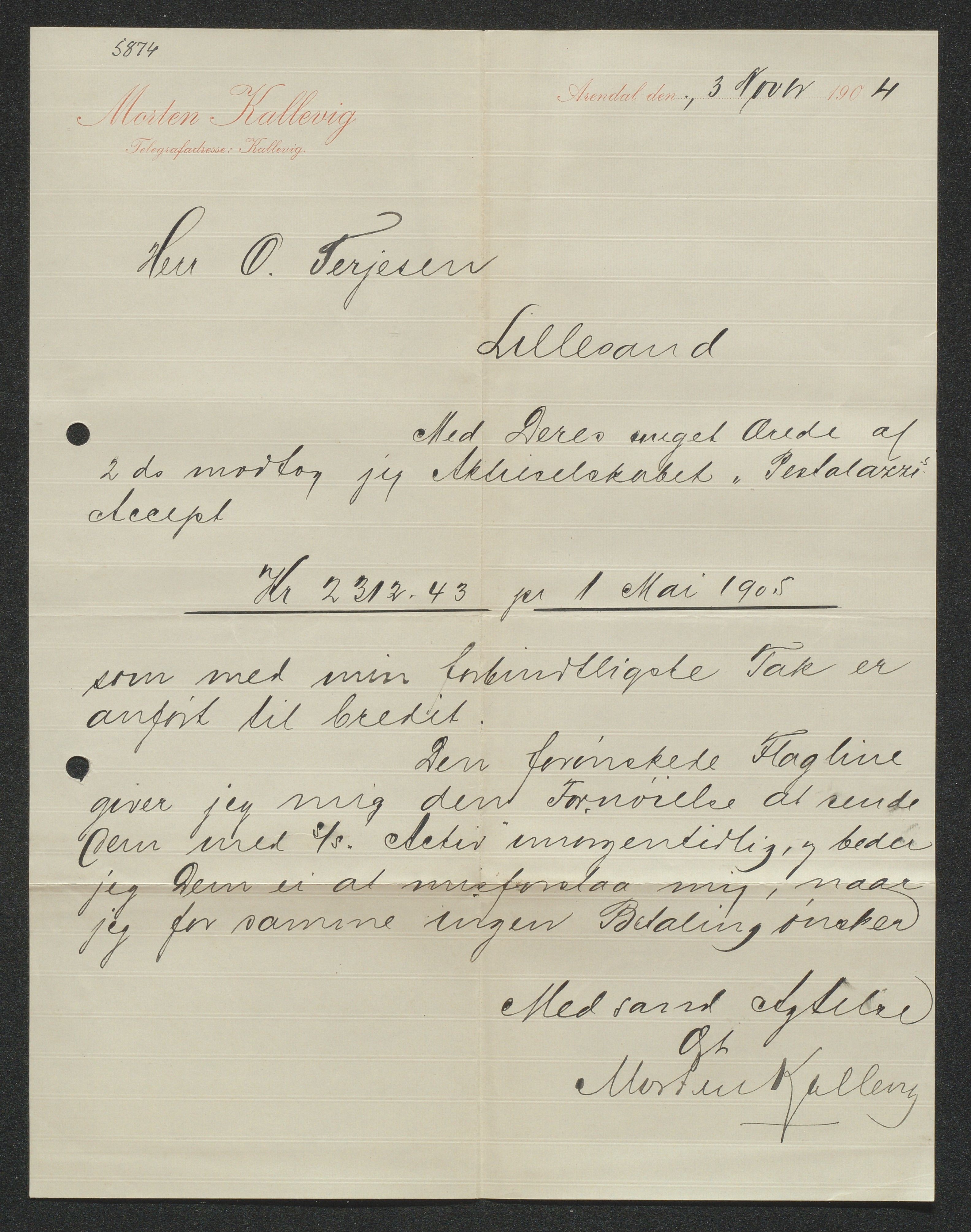 O. Terjesens rederi, AAKS/PA-2525/E/E01/L0013: Korrespondanse, 1904-1905