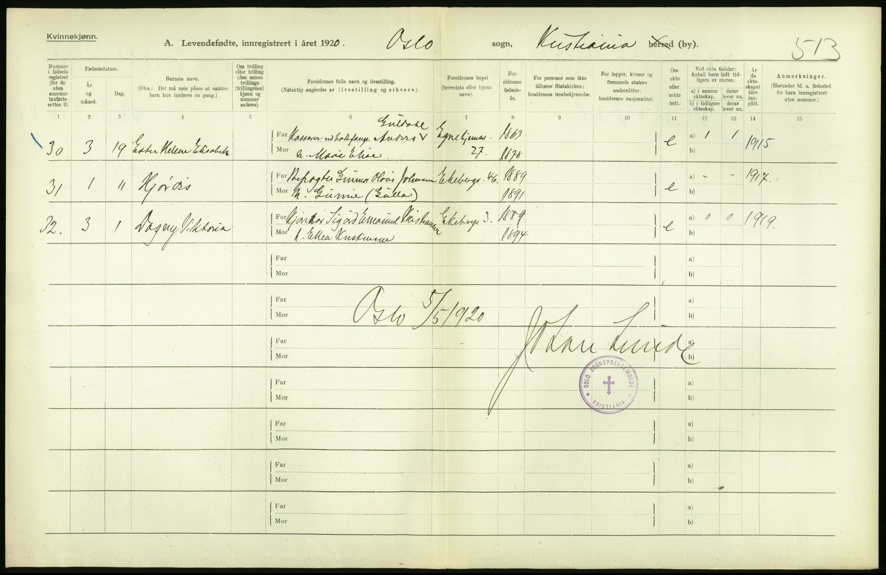 Statistisk sentralbyrå, Sosiodemografiske emner, Befolkning, AV/RA-S-2228/D/Df/Dfb/Dfbj/L0008: Kristiania: Levendefødte menn og kvinner., 1920, p. 34