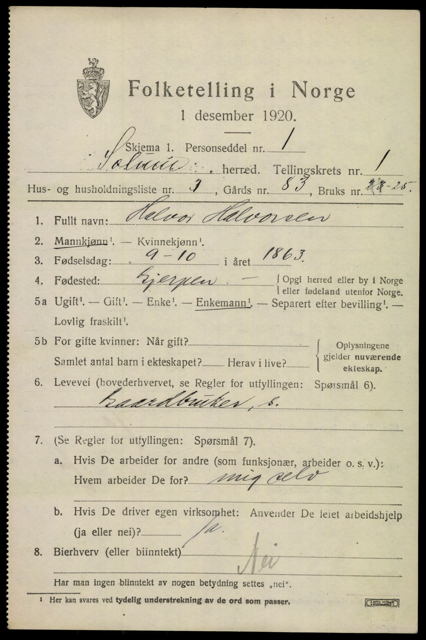SAKO, 1920 census for Solum, 1920, p. 2278