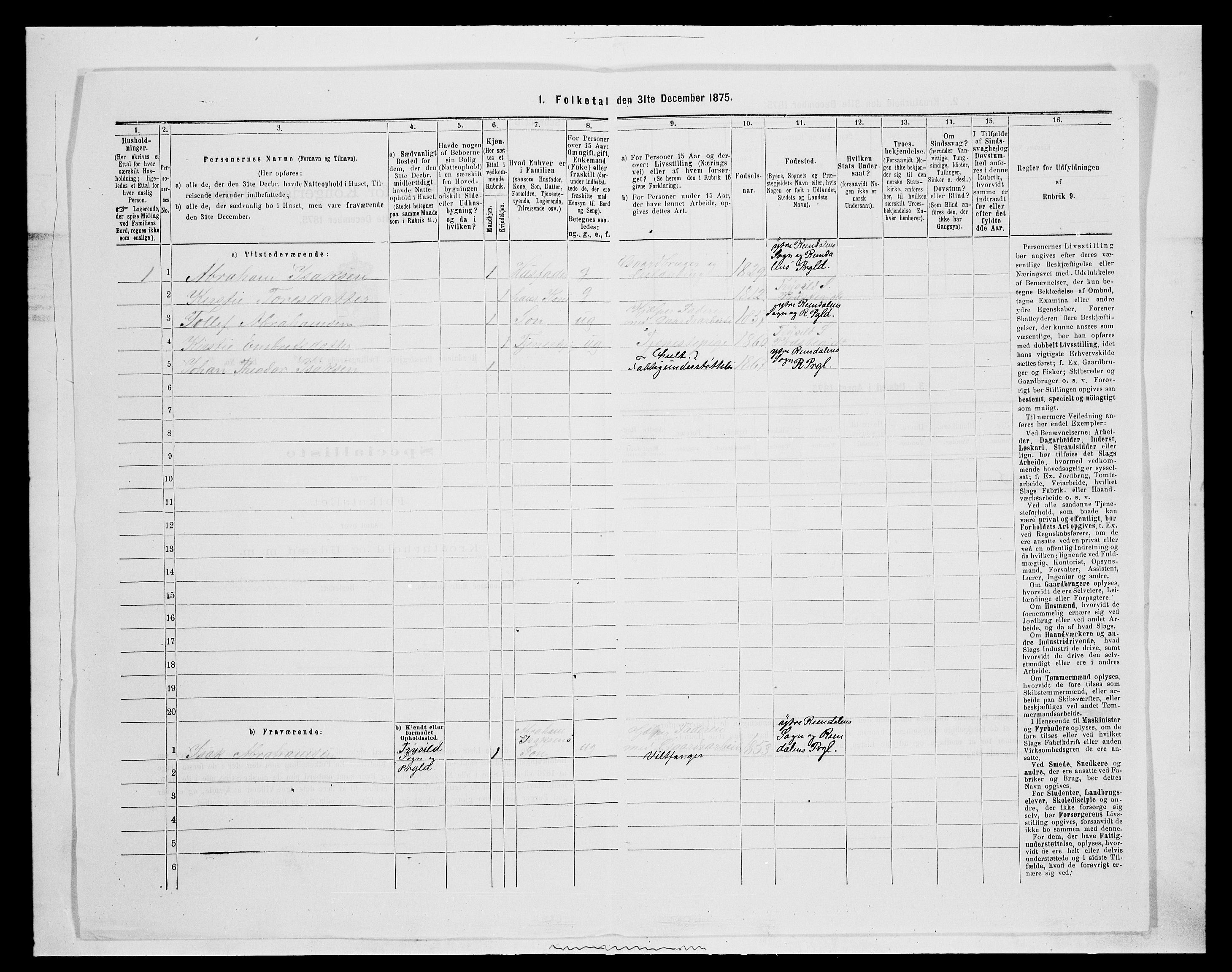 SAH, 1875 census for 0432P Rendalen, 1875, p. 1039