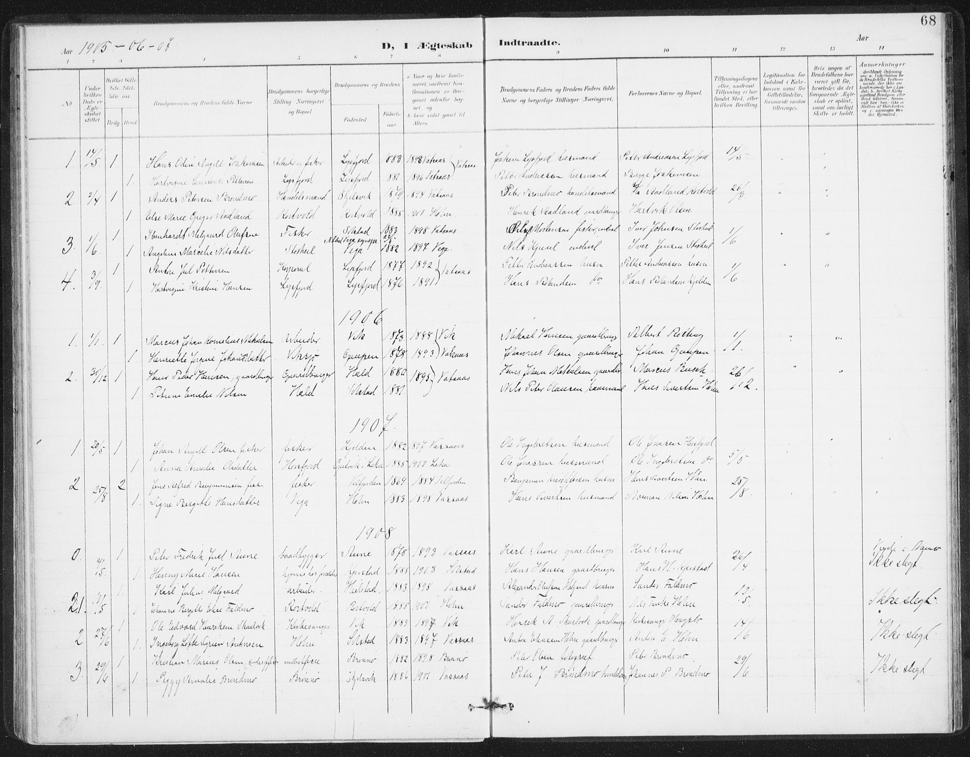 Ministerialprotokoller, klokkerbøker og fødselsregistre - Nordland, AV/SAT-A-1459/811/L0167: Parish register (official) no. 811A04, 1899-1913, p. 68