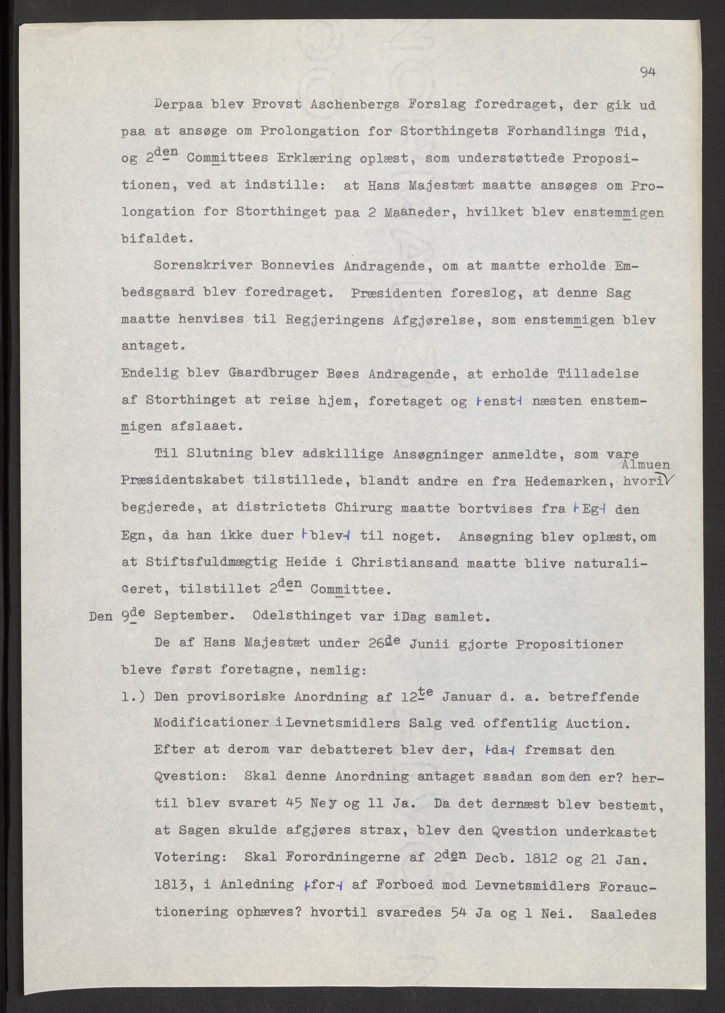 Manuskriptsamlingen, AV/RA-EA-3667/F/L0197: Wetlesen, Hans Jørgen (stortingsmann, ingeniørkaptein); Referat fra Stortinget 1815-1816, 1815-1816, p. 94