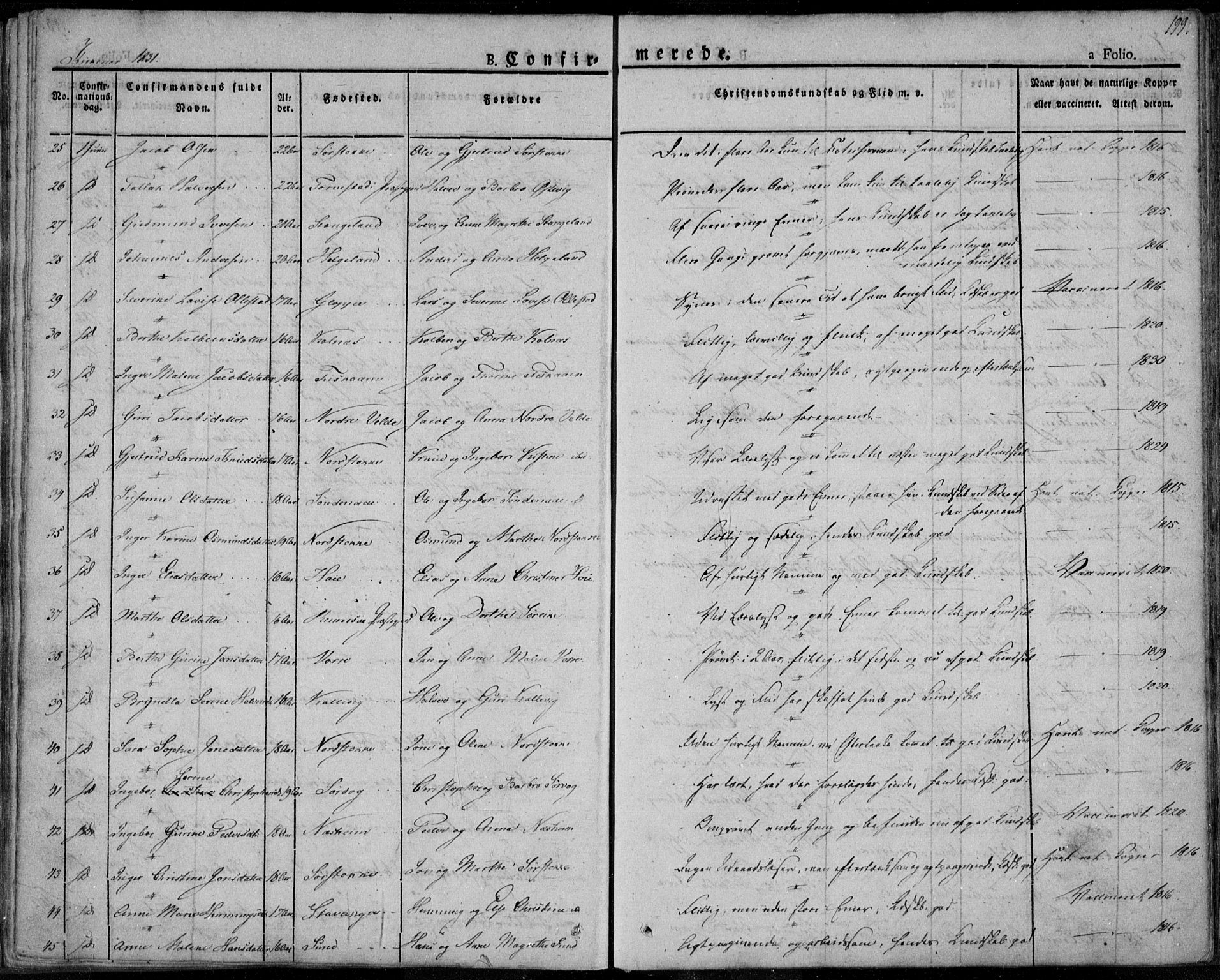 Avaldsnes sokneprestkontor, SAST/A -101851/H/Ha/Haa/L0005: Parish register (official) no. A 5.1, 1825-1841, p. 199