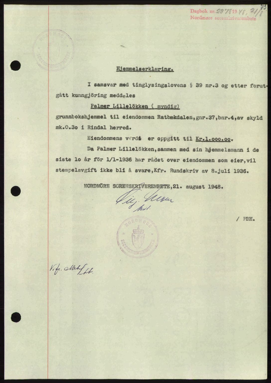 Nordmøre sorenskriveri, AV/SAT-A-4132/1/2/2Ca: Mortgage book no. A109, 1948-1948, Diary no: : 2378/1948