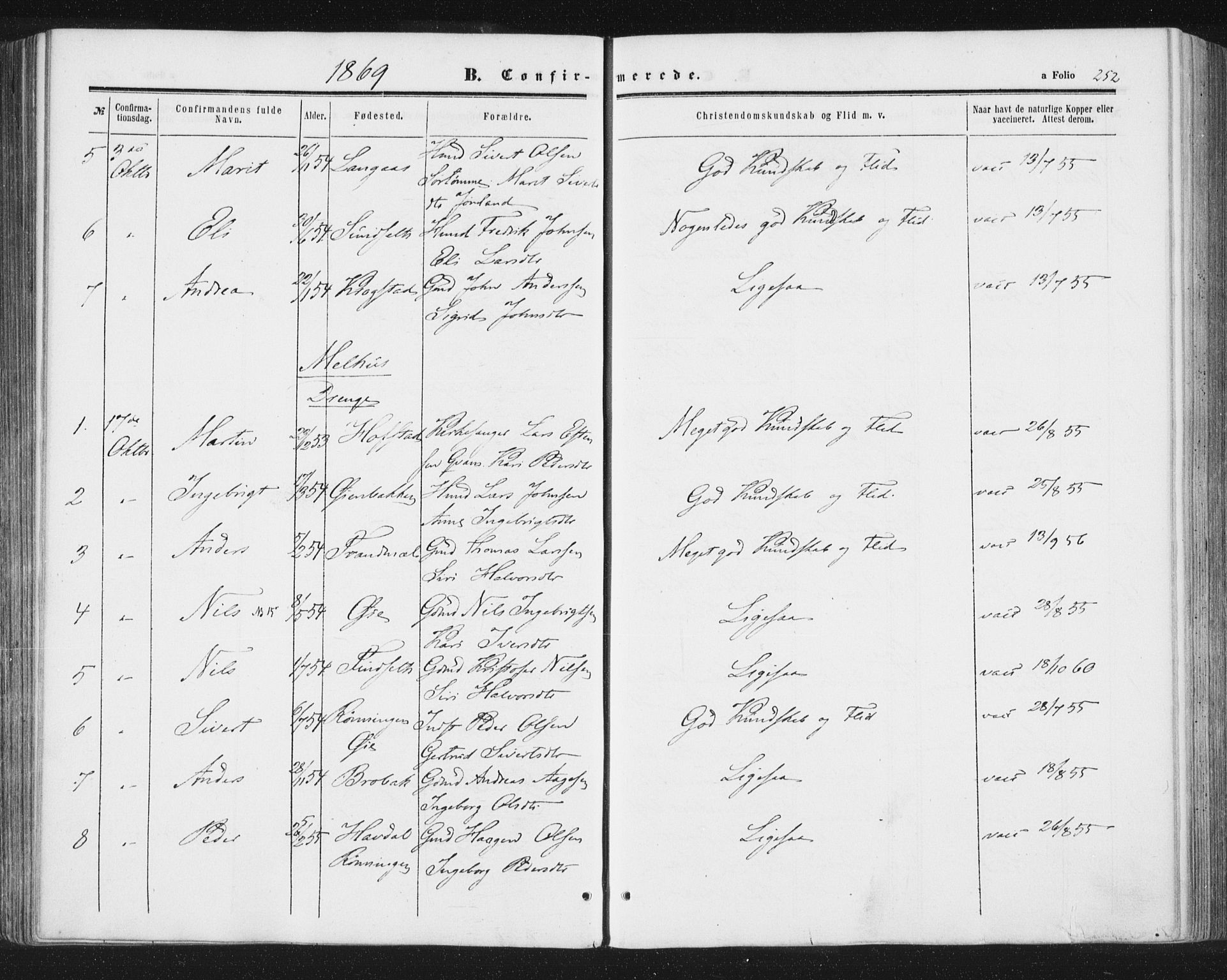 Ministerialprotokoller, klokkerbøker og fødselsregistre - Sør-Trøndelag, SAT/A-1456/691/L1077: Parish register (official) no. 691A09, 1862-1873, p. 252