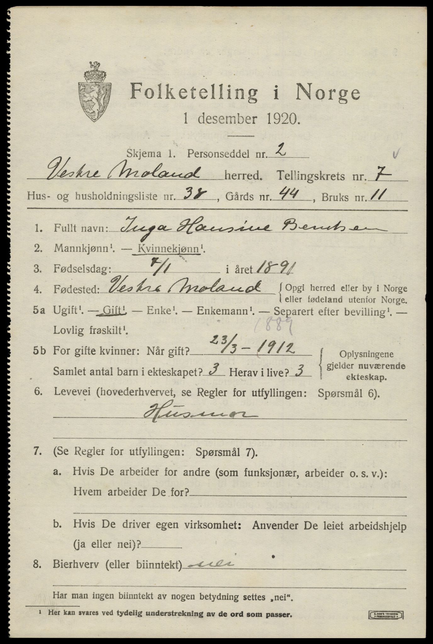 SAK, 1920 census for Vestre Moland, 1920, p. 5185