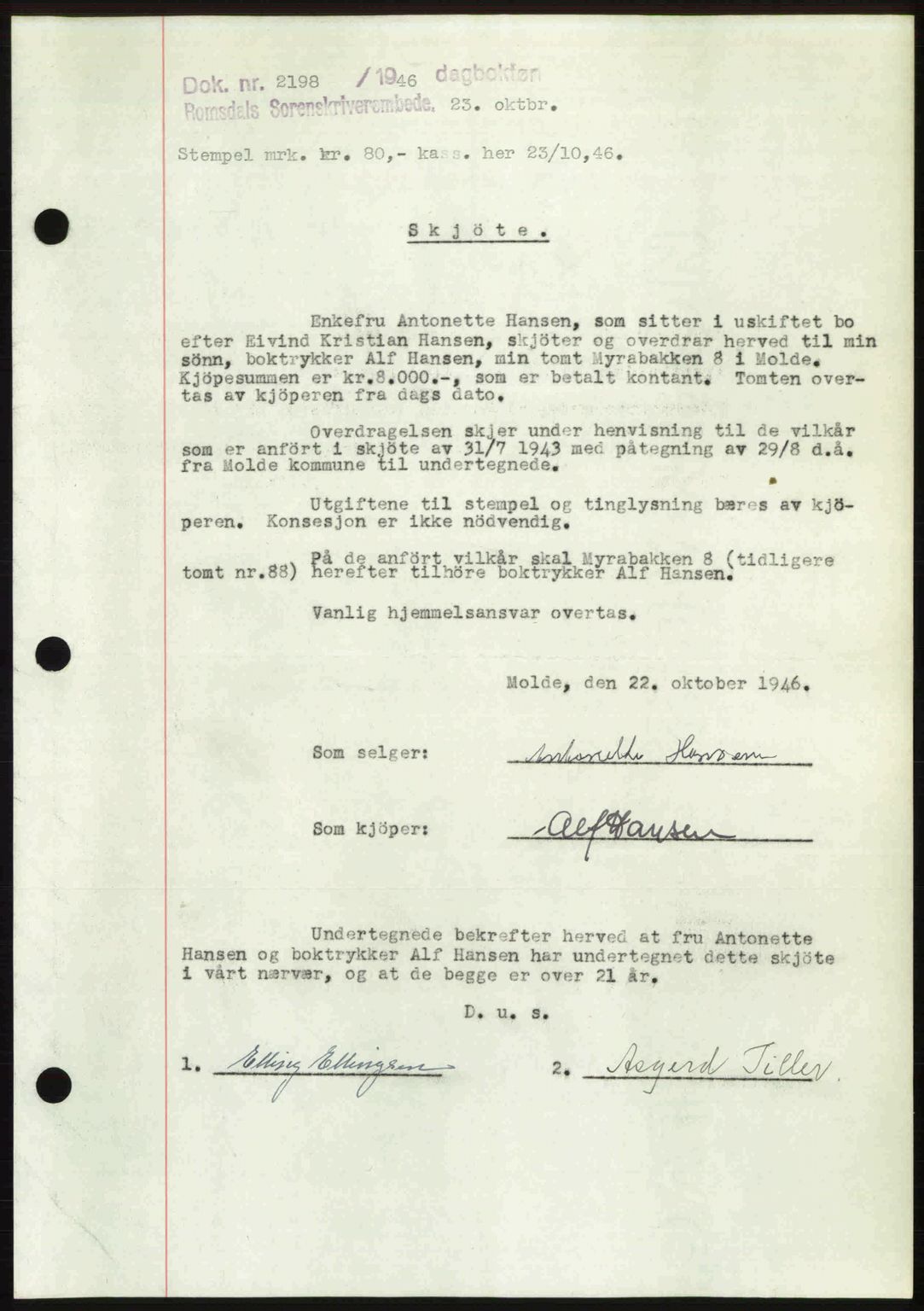 Romsdal sorenskriveri, AV/SAT-A-4149/1/2/2C: Mortgage book no. A21, 1946-1946, Diary no: : 2198/1946