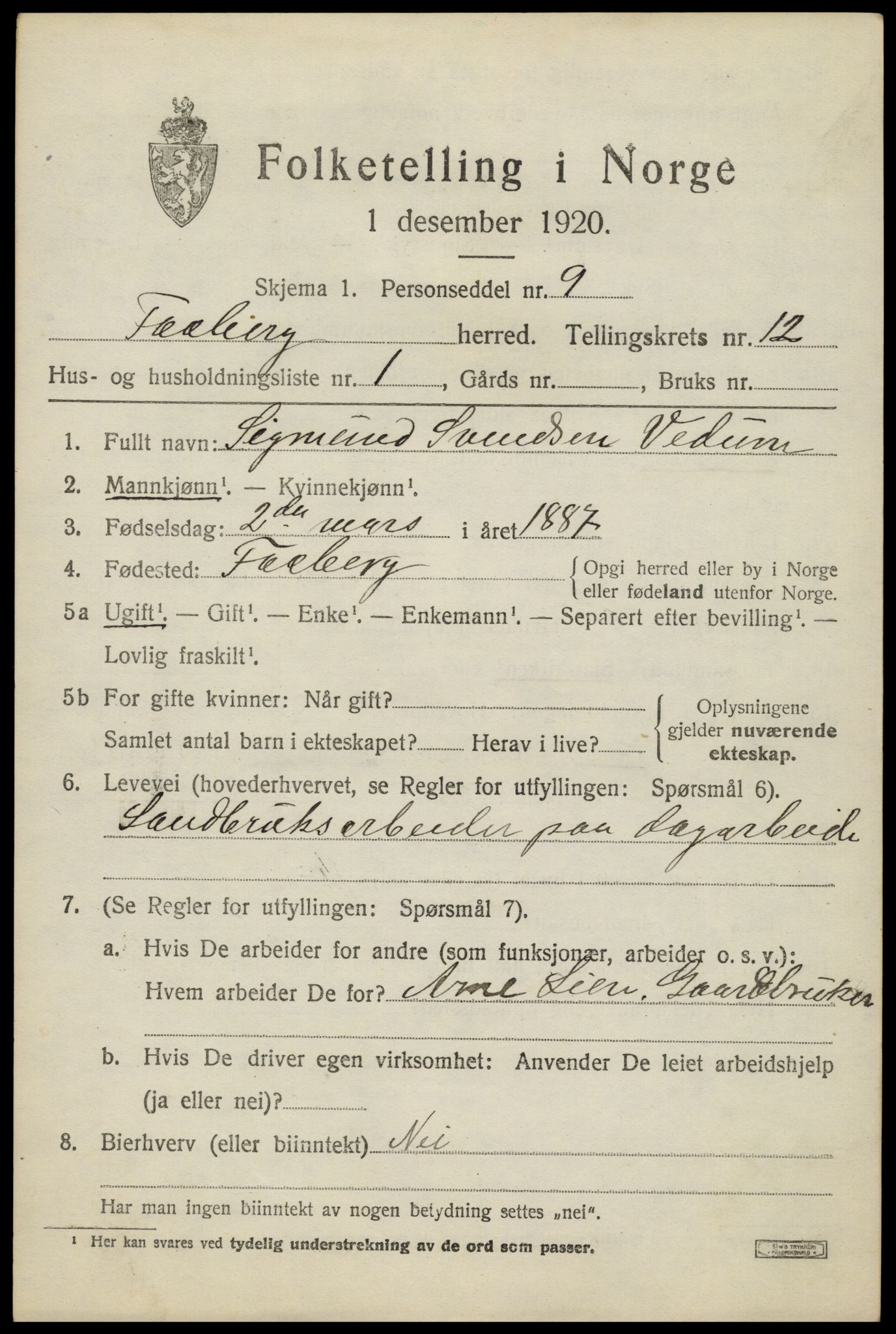 SAH, 1920 census for Fåberg, 1920, p. 12736