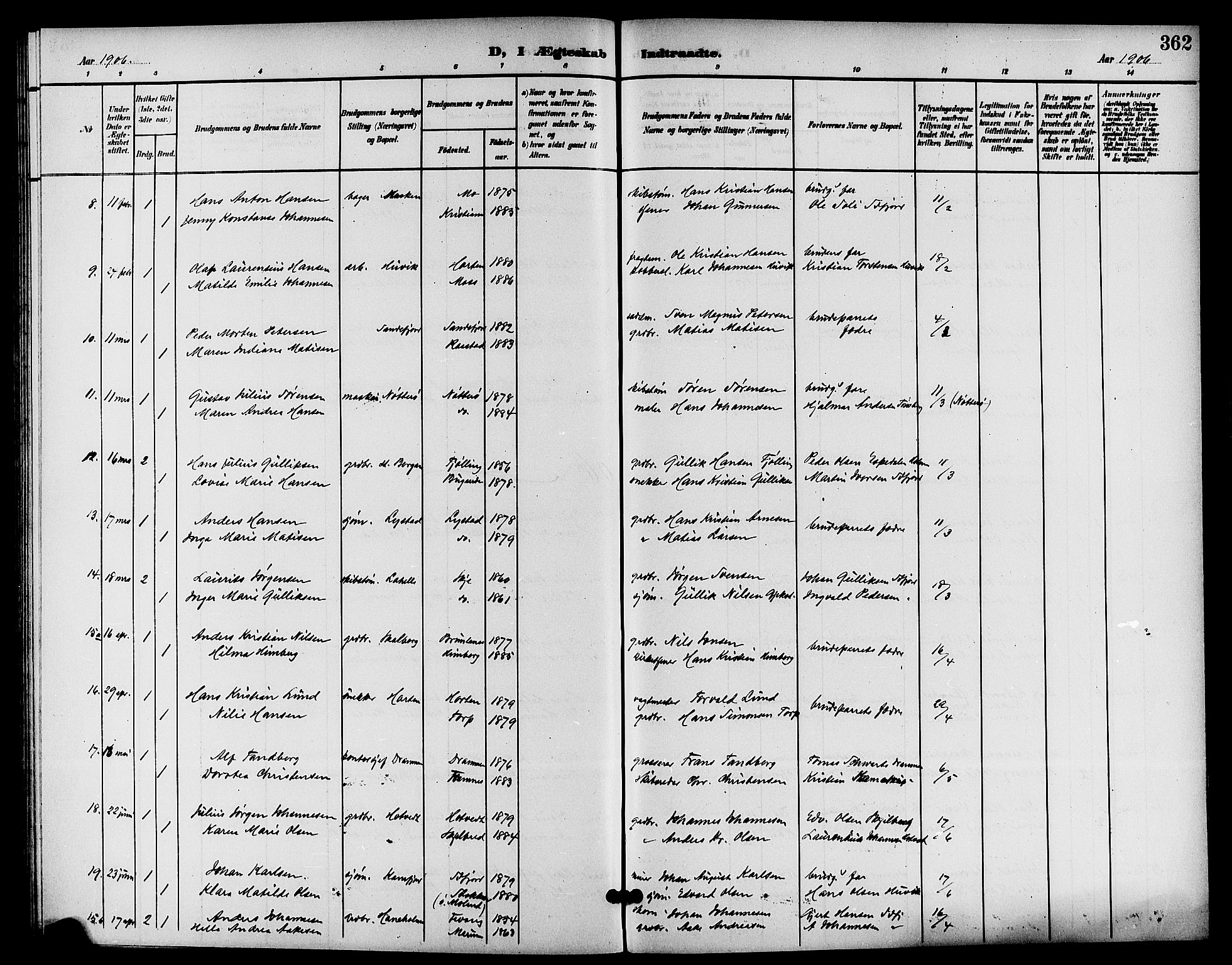 Sandar kirkebøker, SAKO/A-243/G/Ga/L0002: Parish register (copy) no. 2, 1900-1915, p. 362