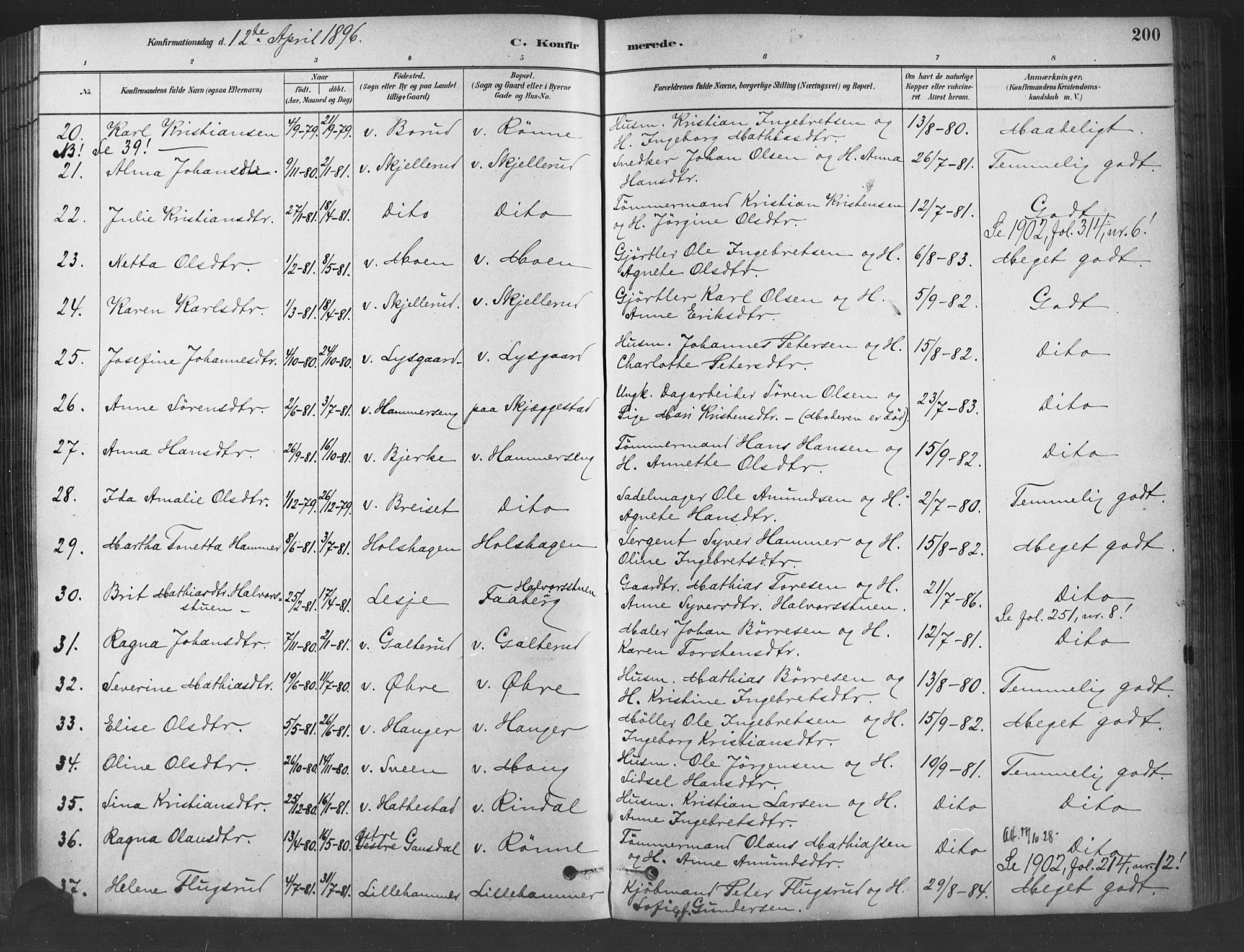 Fåberg prestekontor, SAH/PREST-086/H/Ha/Haa/L0009: Parish register (official) no. 9, 1879-1898, p. 200