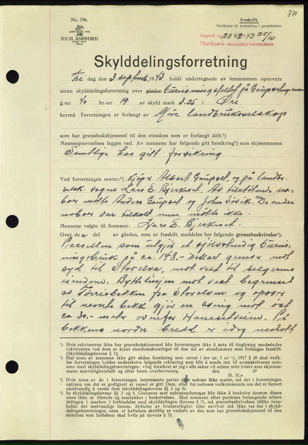 Nordmøre sorenskriveri, SAT/A-4132/1/2/2Ca: Mortgage book no. A96, 1943-1944, Diary no: : 2342/1943