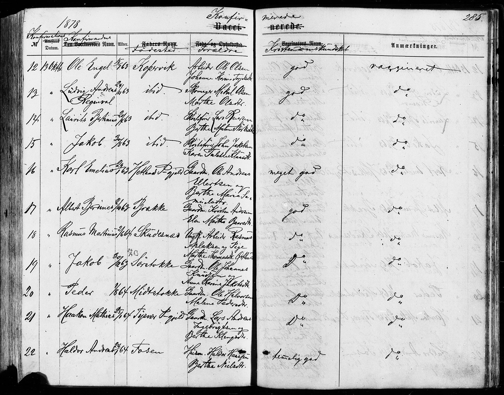 Avaldsnes sokneprestkontor, SAST/A -101851/H/Ha/Haa/L0011: Parish register (official) no. A 11, 1861-1880, p. 285