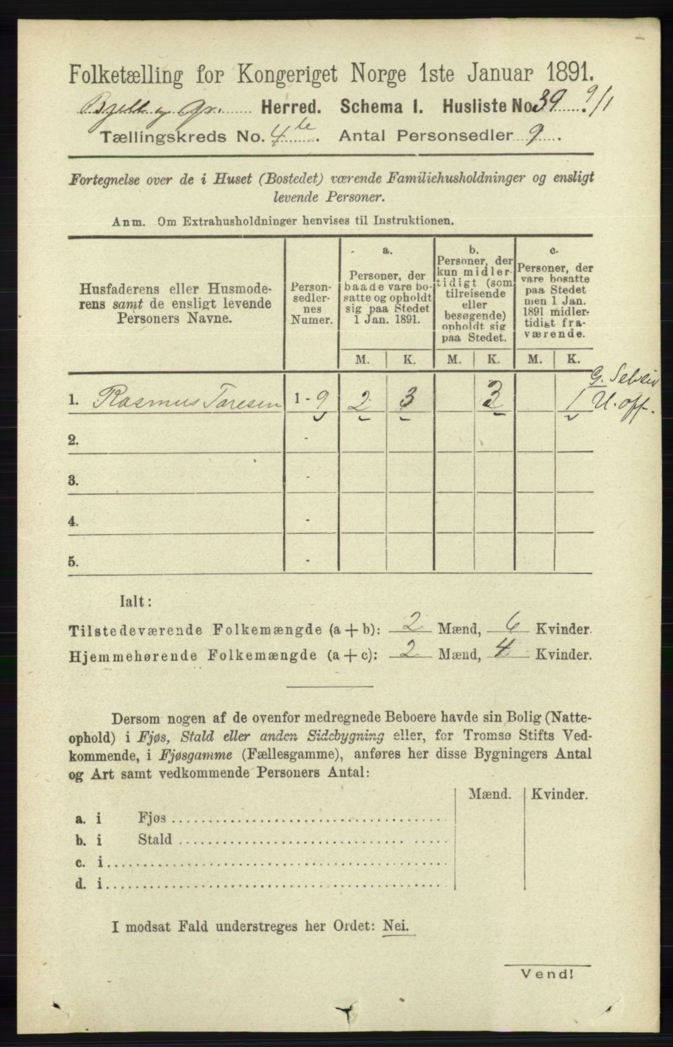 RA, 1891 census for 1024 Bjelland og Grindheim, 1891, p. 2066