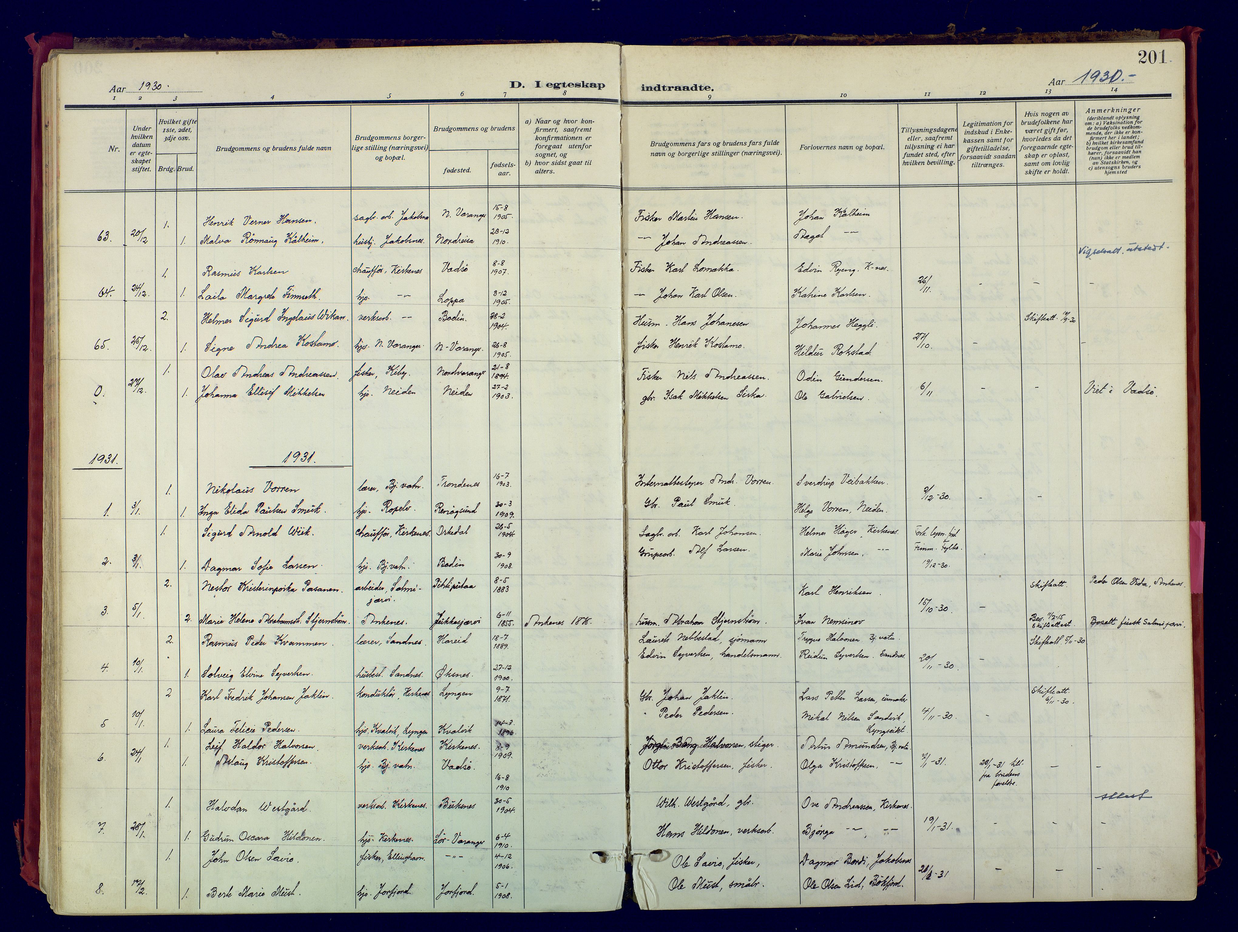 Sør-Varanger sokneprestkontor, AV/SATØ-S-1331/H/Ha/L0007kirke: Parish register (official) no. 7, 1927-1937, p. 201
