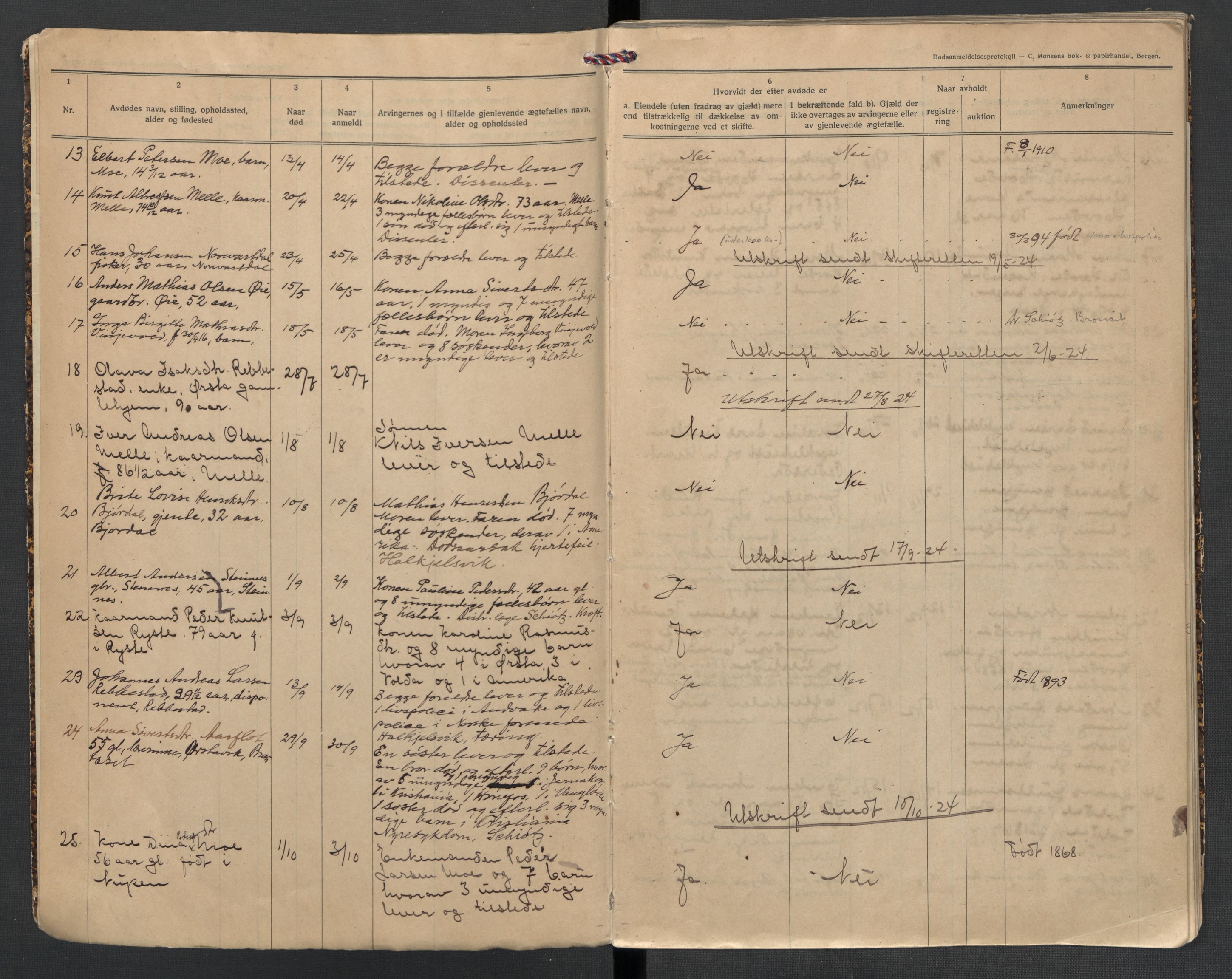 Ørsta lensmannskontor, AV/SAT-A-5670/1/02/L0002: 2.1.02 - Dødsfallsprotokoll, 1924-1933, p. 1