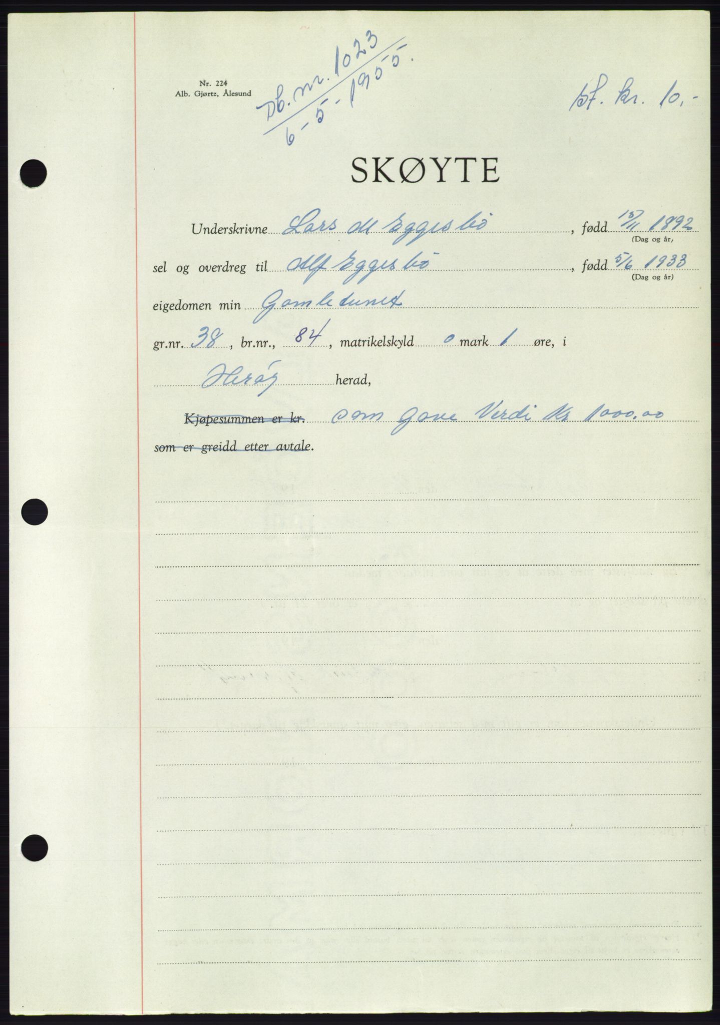 Søre Sunnmøre sorenskriveri, AV/SAT-A-4122/1/2/2C/L0100: Mortgage book no. 26A, 1954-1955, Diary no: : 1023/1955