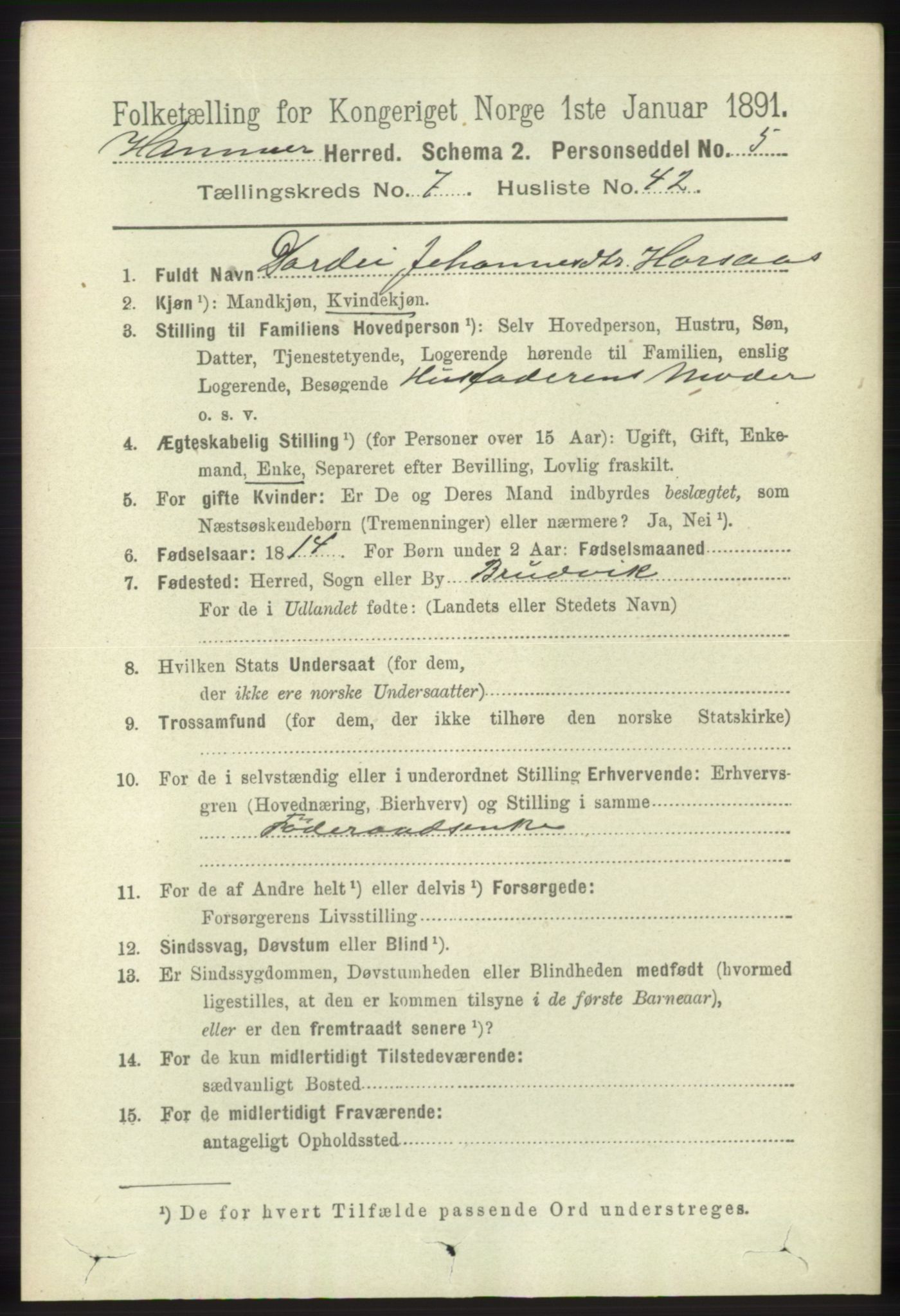 RA, 1891 census for 1254 Hamre, 1891, p. 1955