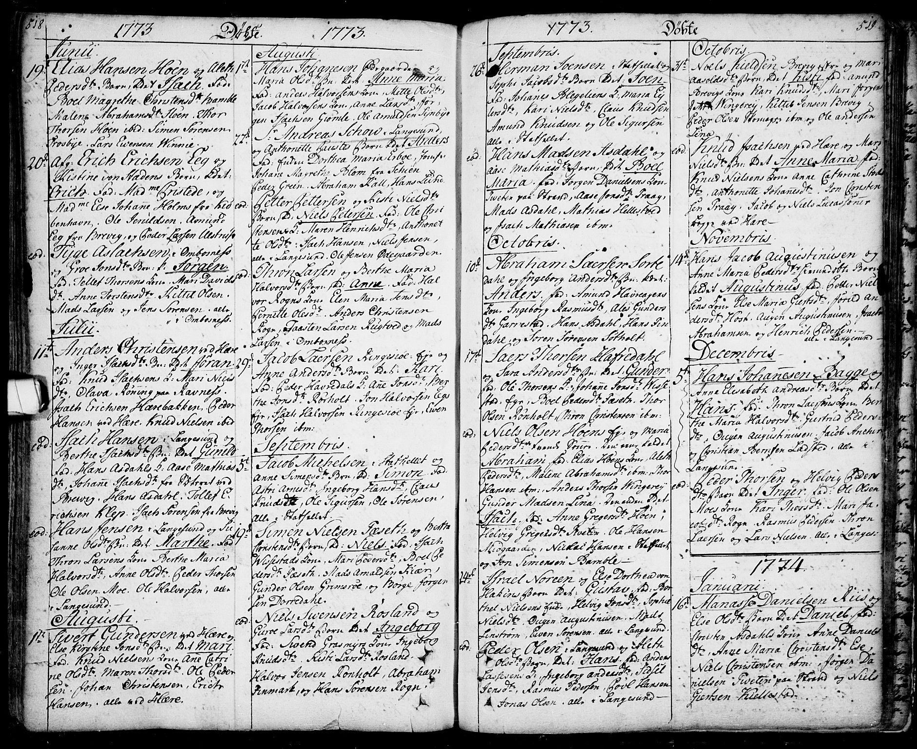 Bamble kirkebøker, SAKO/A-253/F/Fa/L0001: Parish register (official) no. I 1, 1702-1774, p. 518-519