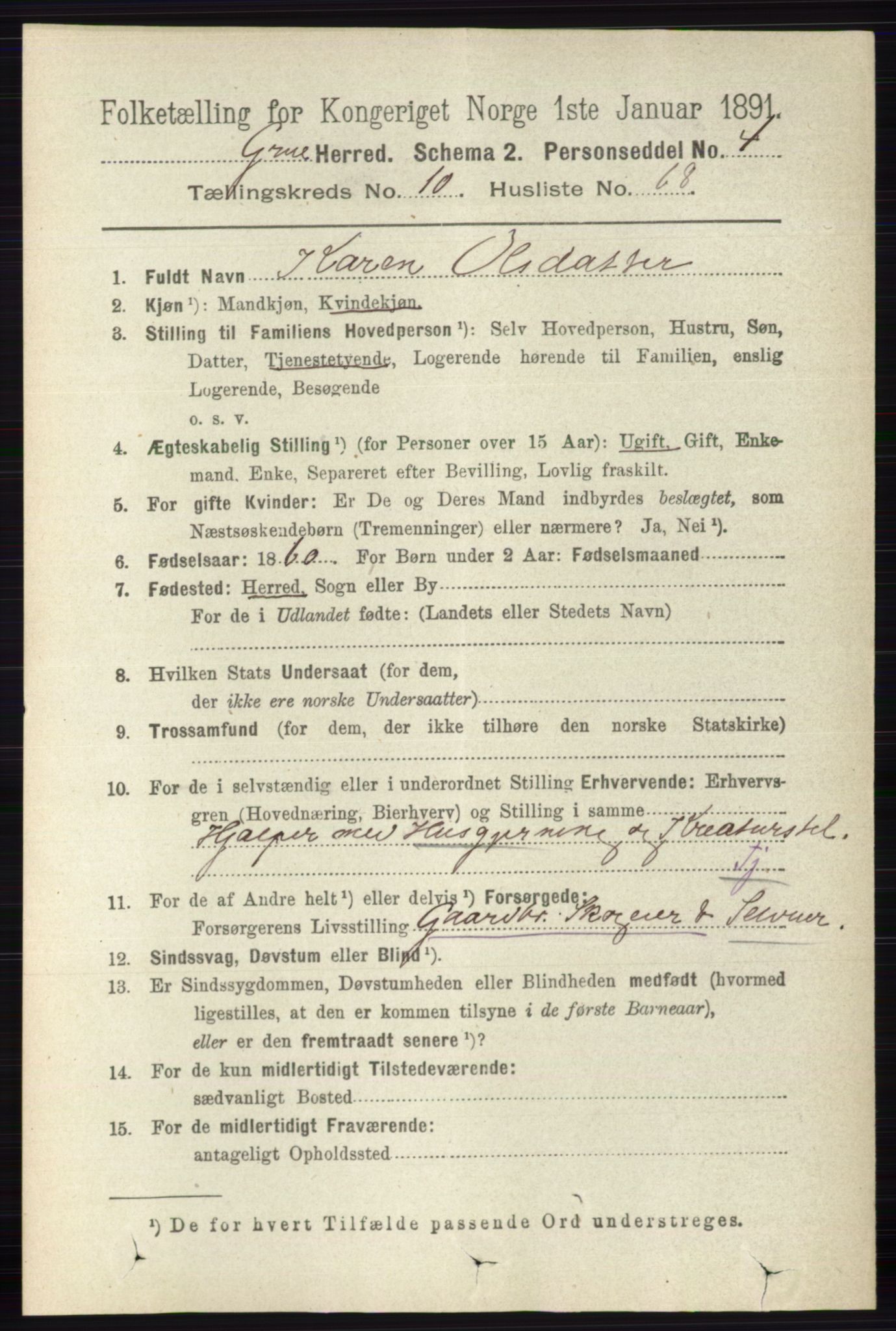 RA, 1891 census for 0423 Grue, 1891, p. 5807