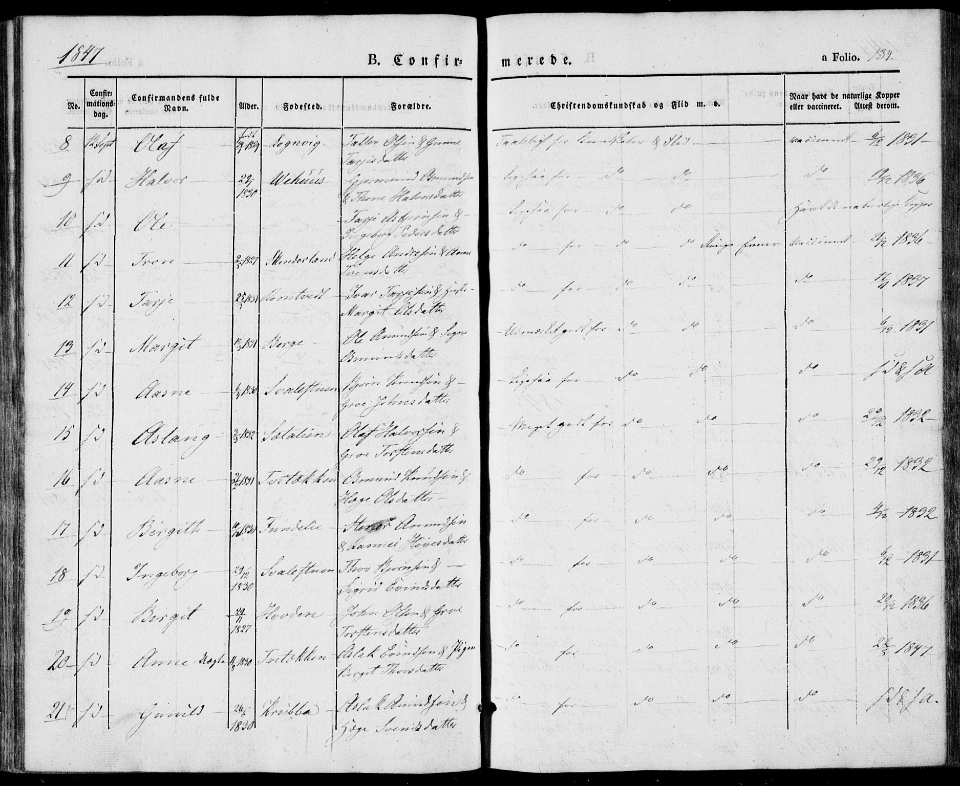 Vinje kirkebøker, AV/SAKO-A-312/F/Fa/L0004: Parish register (official) no. I 4, 1843-1869, p. 184