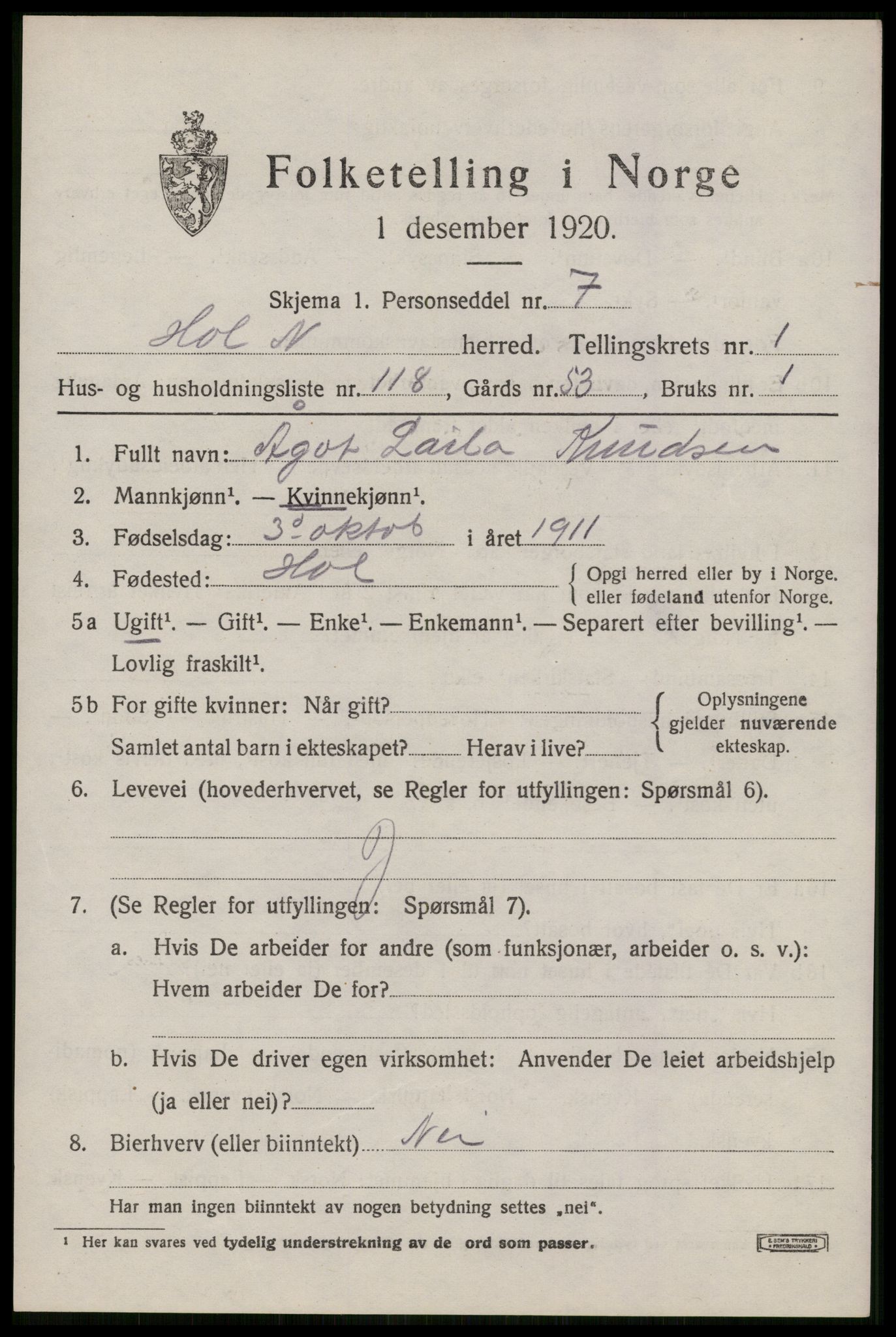 SAT, 1920 census for Hol, 1920, p. 1929