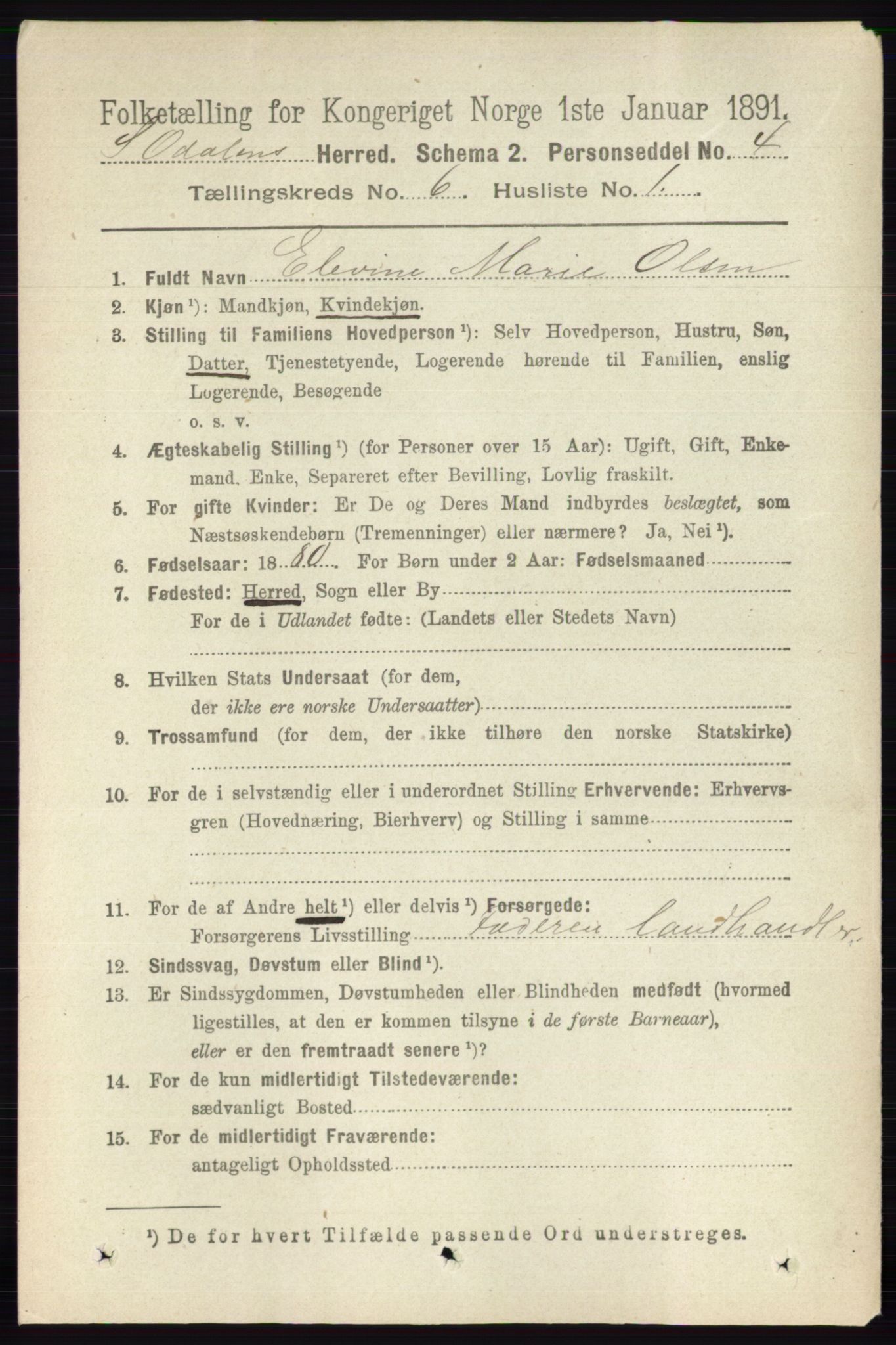 RA, 1891 census for 0419 Sør-Odal, 1891, p. 2798