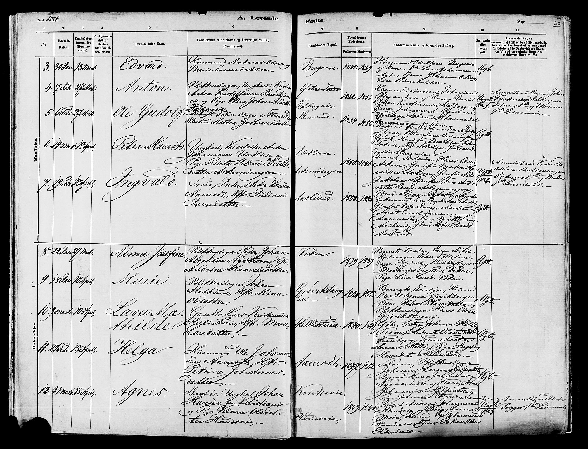 Vardal prestekontor, AV/SAH-PREST-100/H/Ha/Haa/L0009: Parish register (official) no. 9, 1878-1892, p. 20