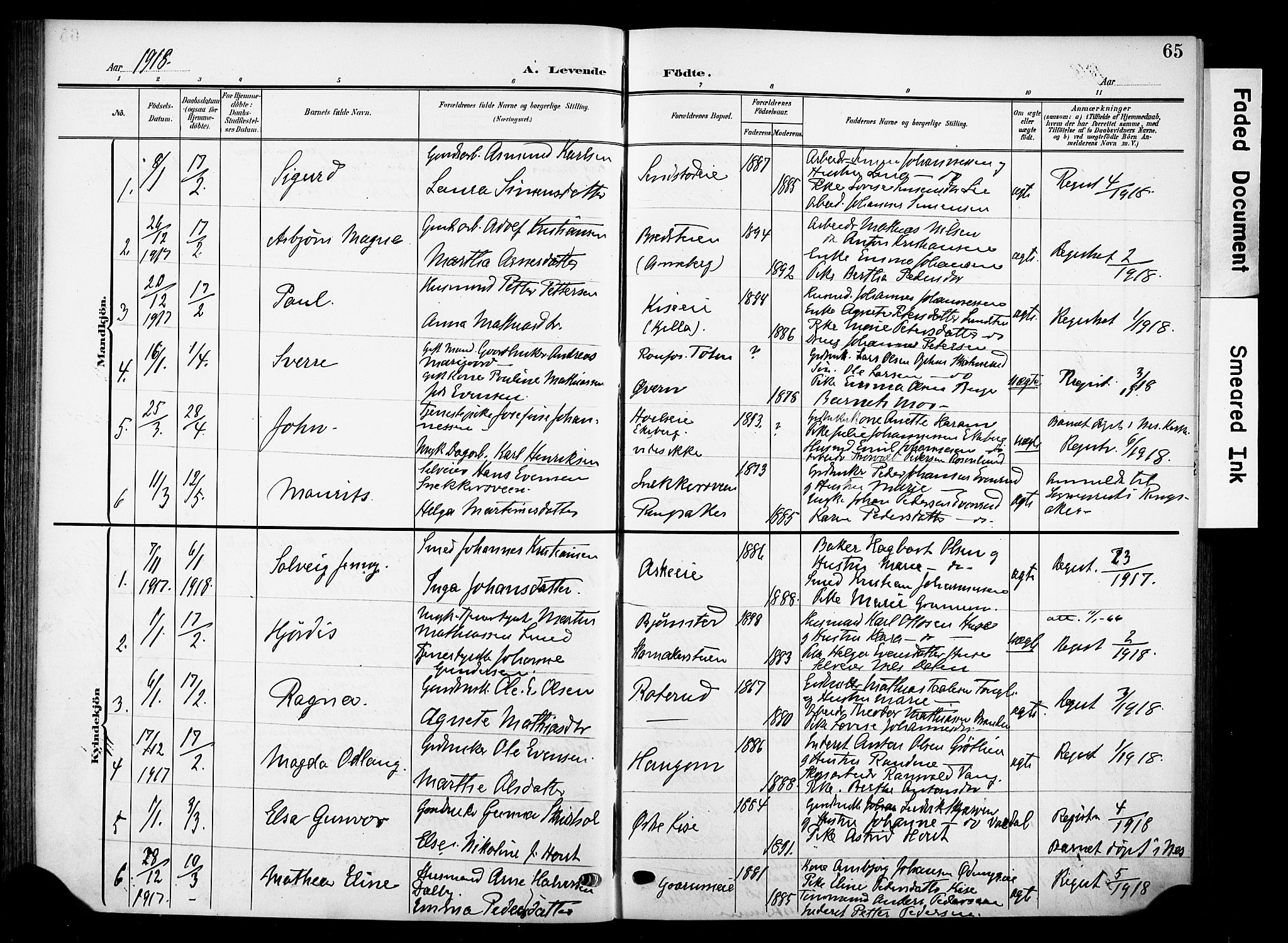 Nes prestekontor, Hedmark, AV/SAH-PREST-020/K/Ka/L0013: Parish register (official) no. 13, 1906-1924, p. 65