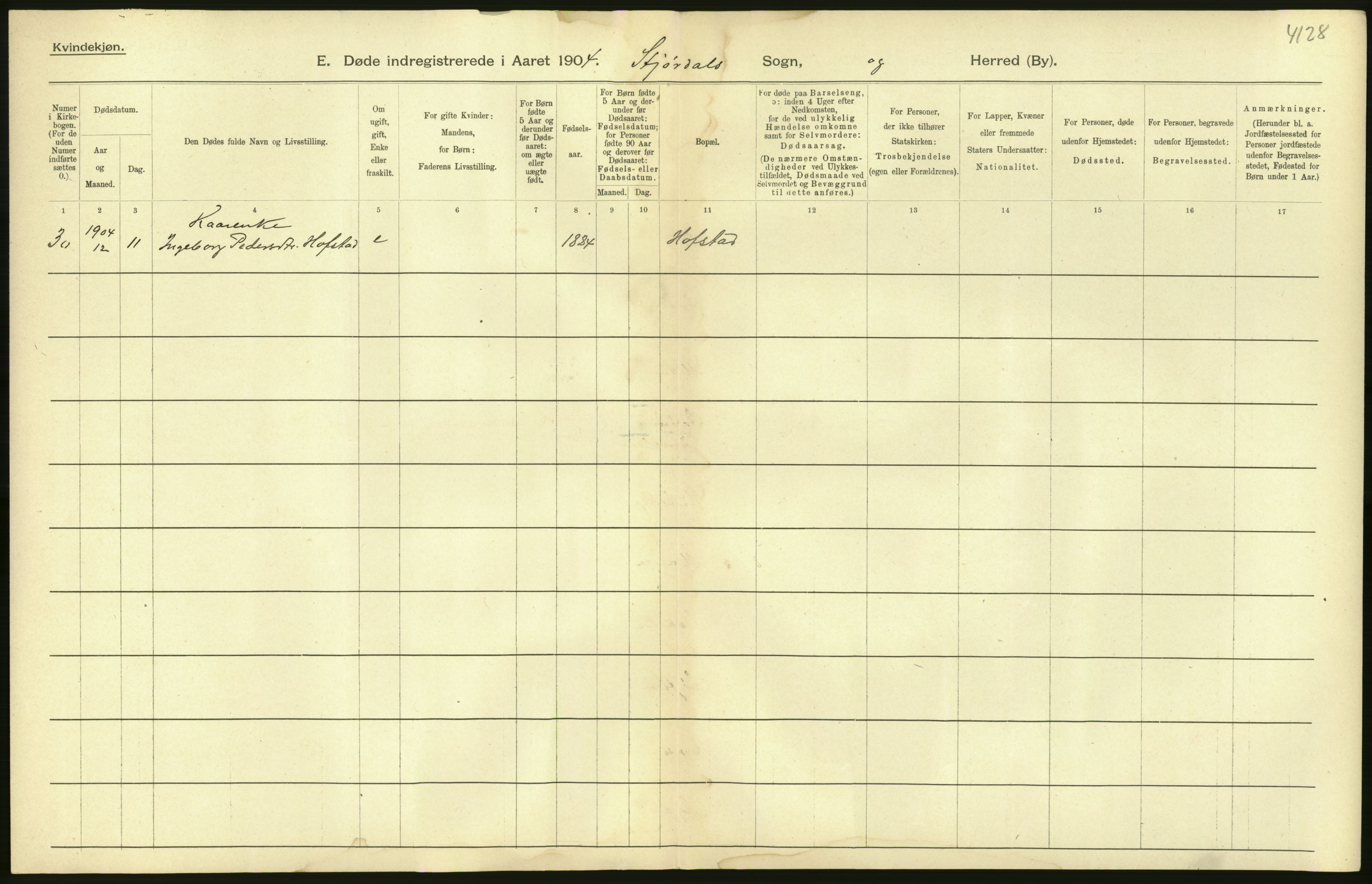 Statistisk sentralbyrå, Sosiodemografiske emner, Befolkning, AV/RA-S-2228/D/Df/Dfa/Dfab/L0019: Nordre Trondhjems amt: Fødte, gifte, døde, 1904, p. 448