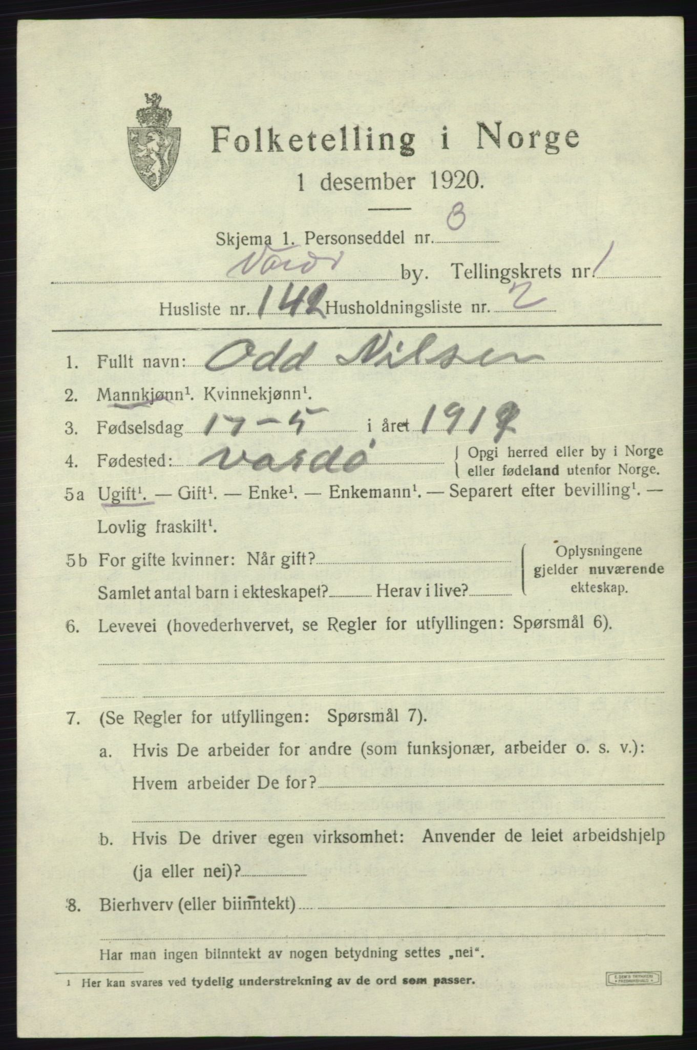 SATØ, 1920 census for Vardø, 1920, p. 4920