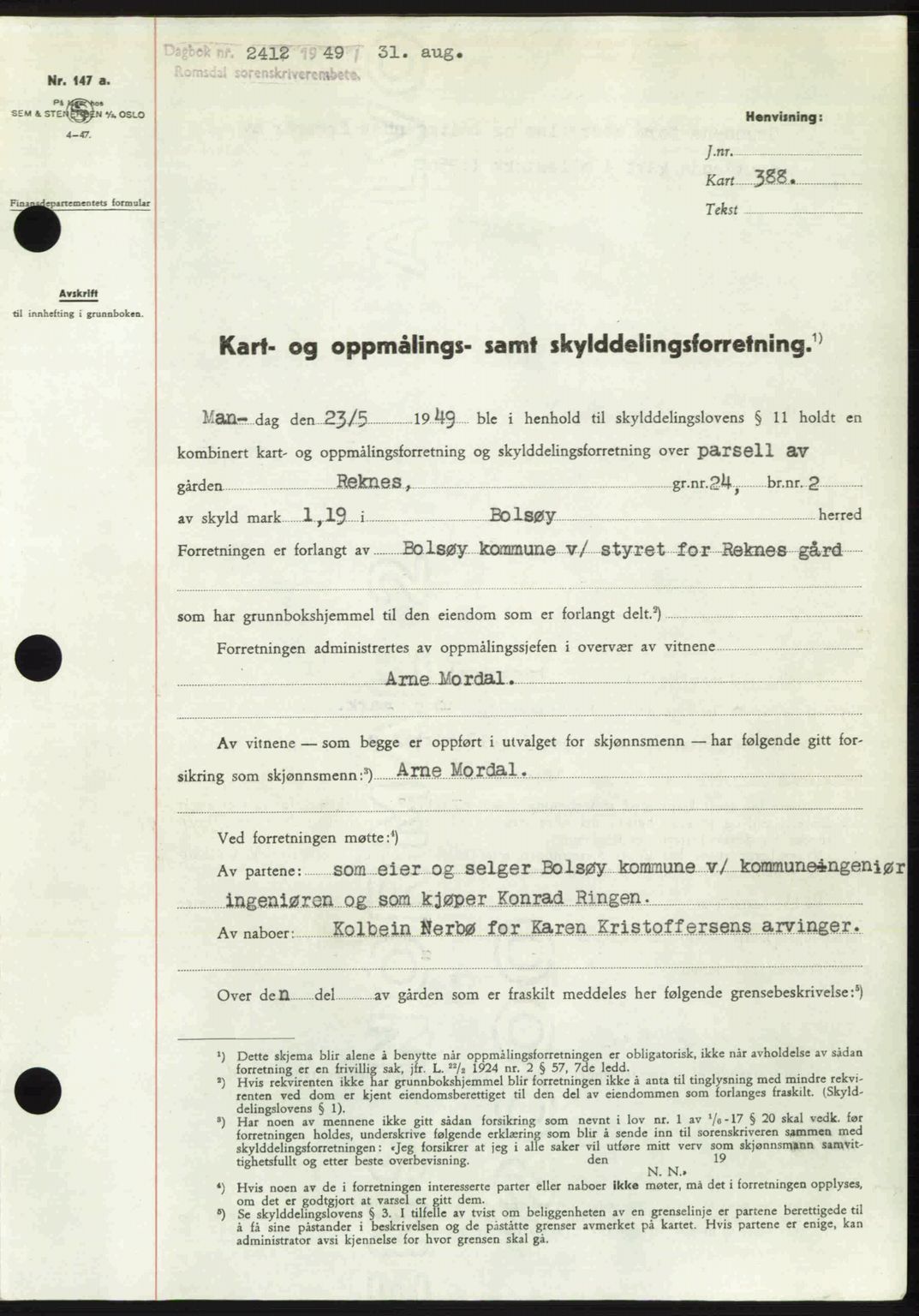 Romsdal sorenskriveri, AV/SAT-A-4149/1/2/2C: Mortgage book no. A30, 1949-1949, Diary no: : 2412/1949