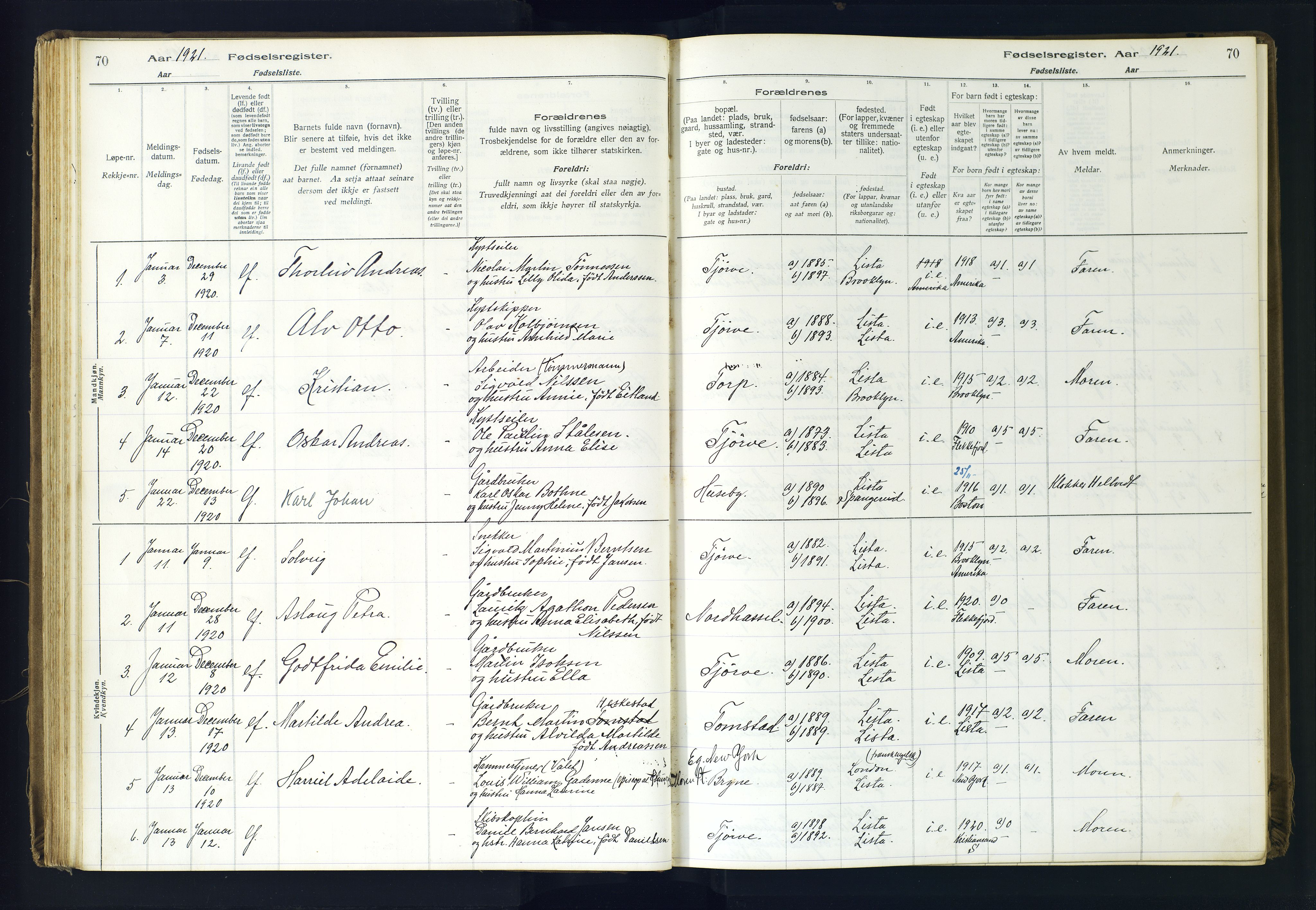 Lista sokneprestkontor, AV/SAK-1111-0027/J/Ja/L0001: Birth register no. A-VI-30, 1916-1934, p. 70