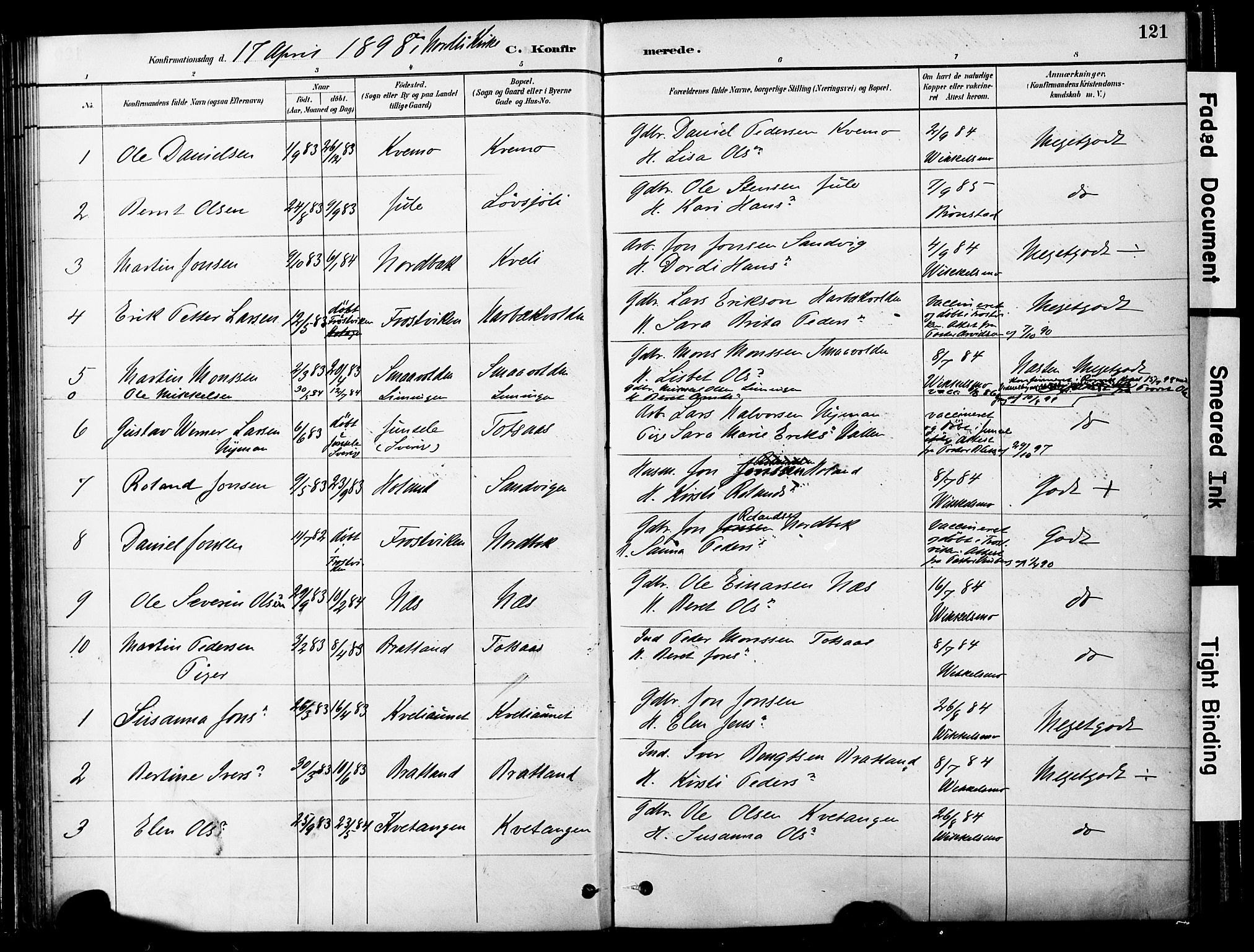 Ministerialprotokoller, klokkerbøker og fødselsregistre - Nord-Trøndelag, SAT/A-1458/755/L0494: Parish register (official) no. 755A03, 1882-1902, p. 121