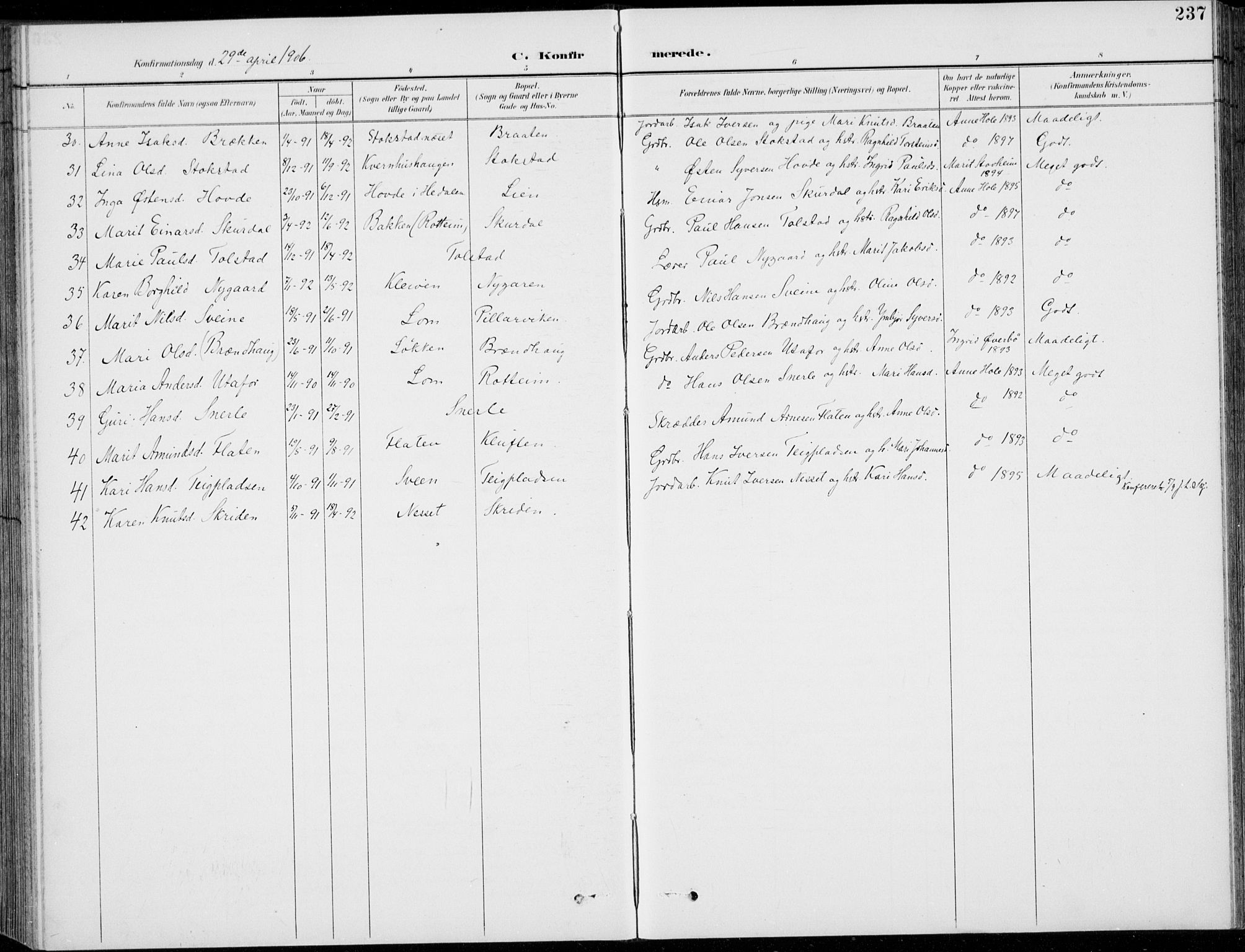 Vågå prestekontor, AV/SAH-PREST-076/H/Ha/Hab/L0002: Parish register (copy) no. 2, 1894-1939, p. 237