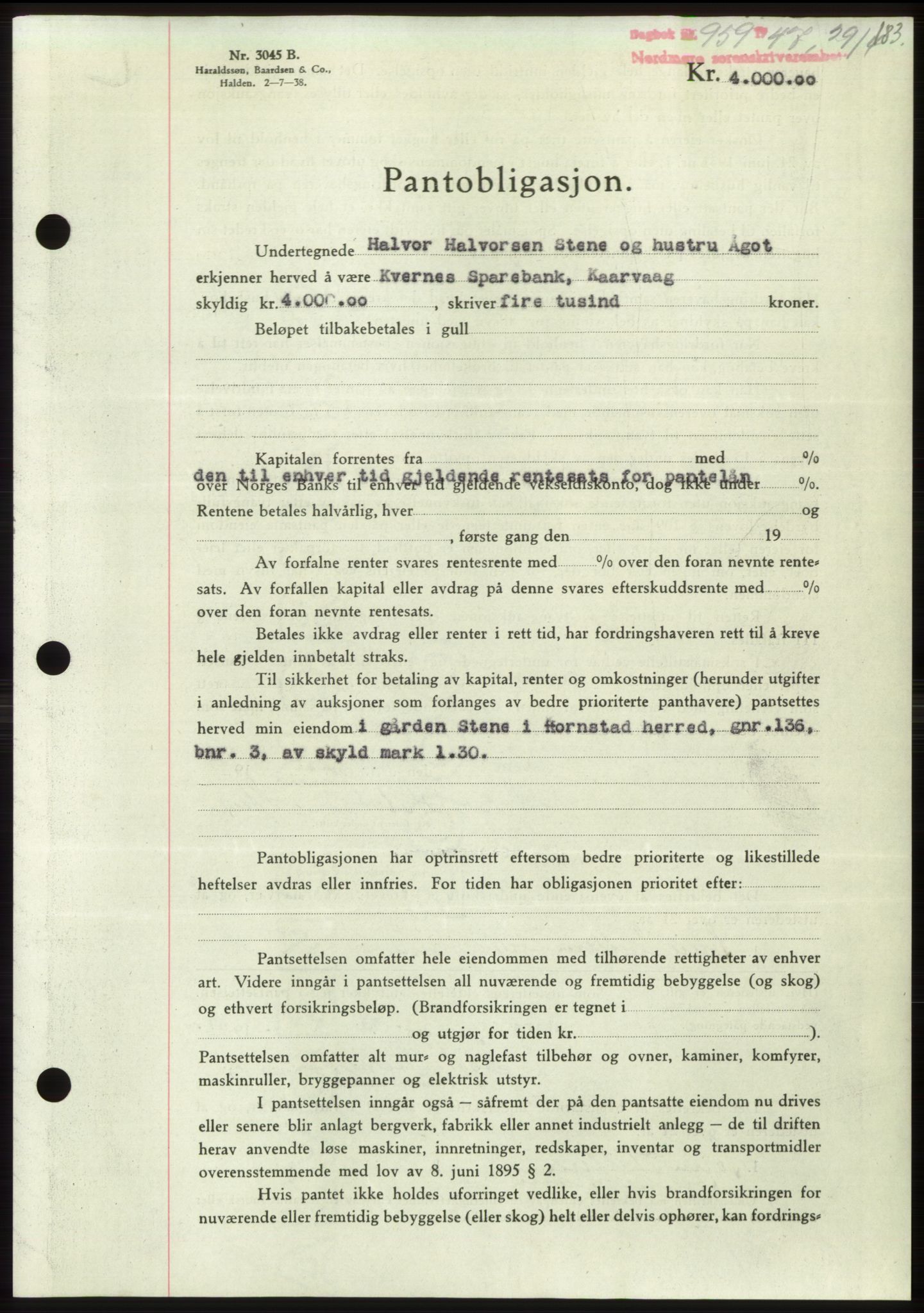 Nordmøre sorenskriveri, AV/SAT-A-4132/1/2/2Ca: Mortgage book no. B96, 1947-1947, Diary no: : 959/1947