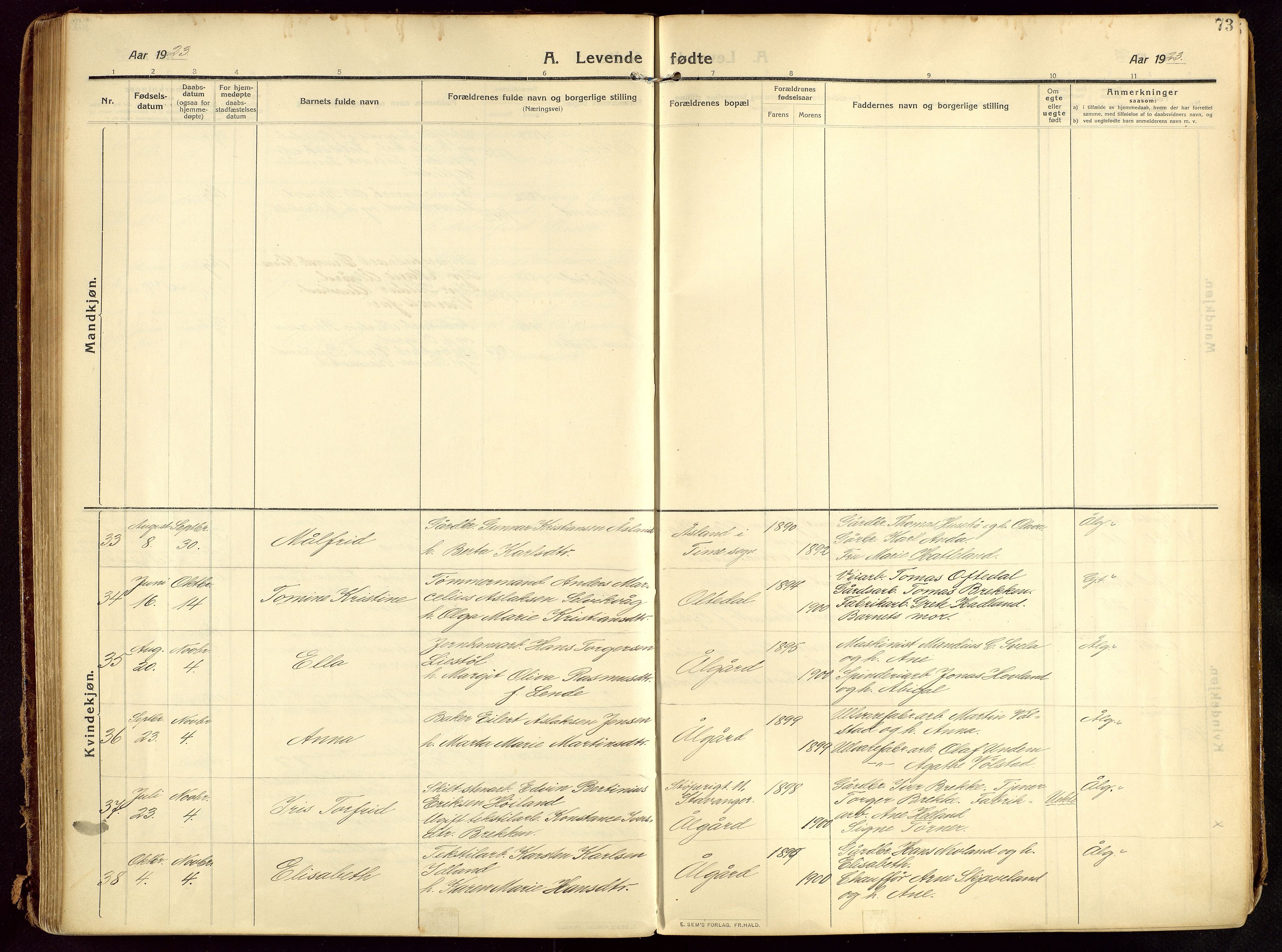 Lye sokneprestkontor, AV/SAST-A-101794/002/B/L0001: Parish register (official) no. A 13, 1910-1925, p. 73