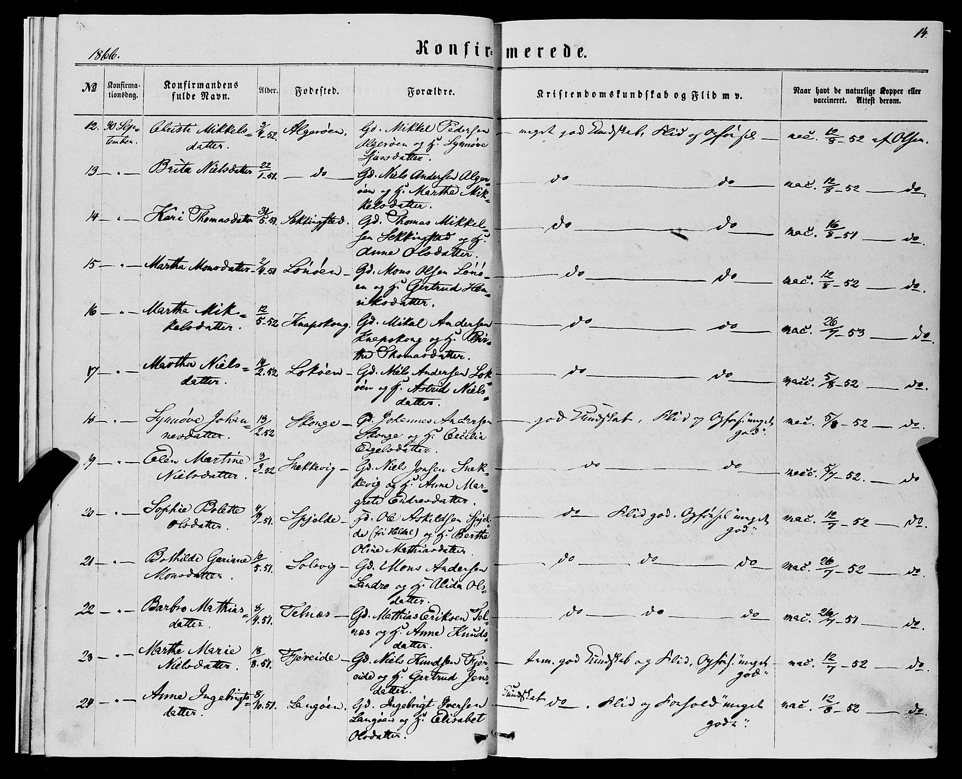 Fjell sokneprestembete, AV/SAB-A-75301/H/Haa: Parish register (official) no. A 5, 1864-1877, p. 14