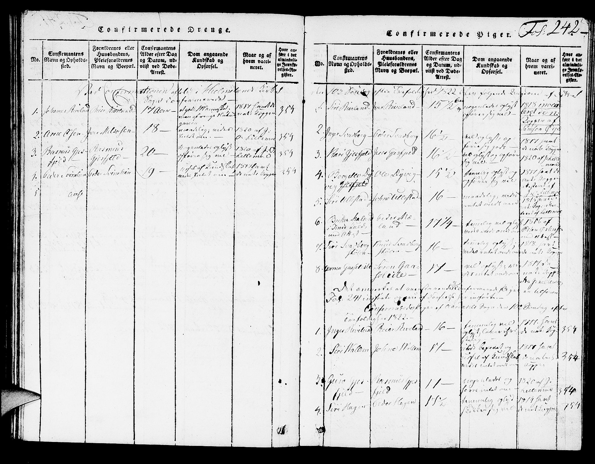 Hjelmeland sokneprestkontor, SAST/A-101843/01/V/L0002: Parish register (copy) no. B 2, 1816-1841, p. 242