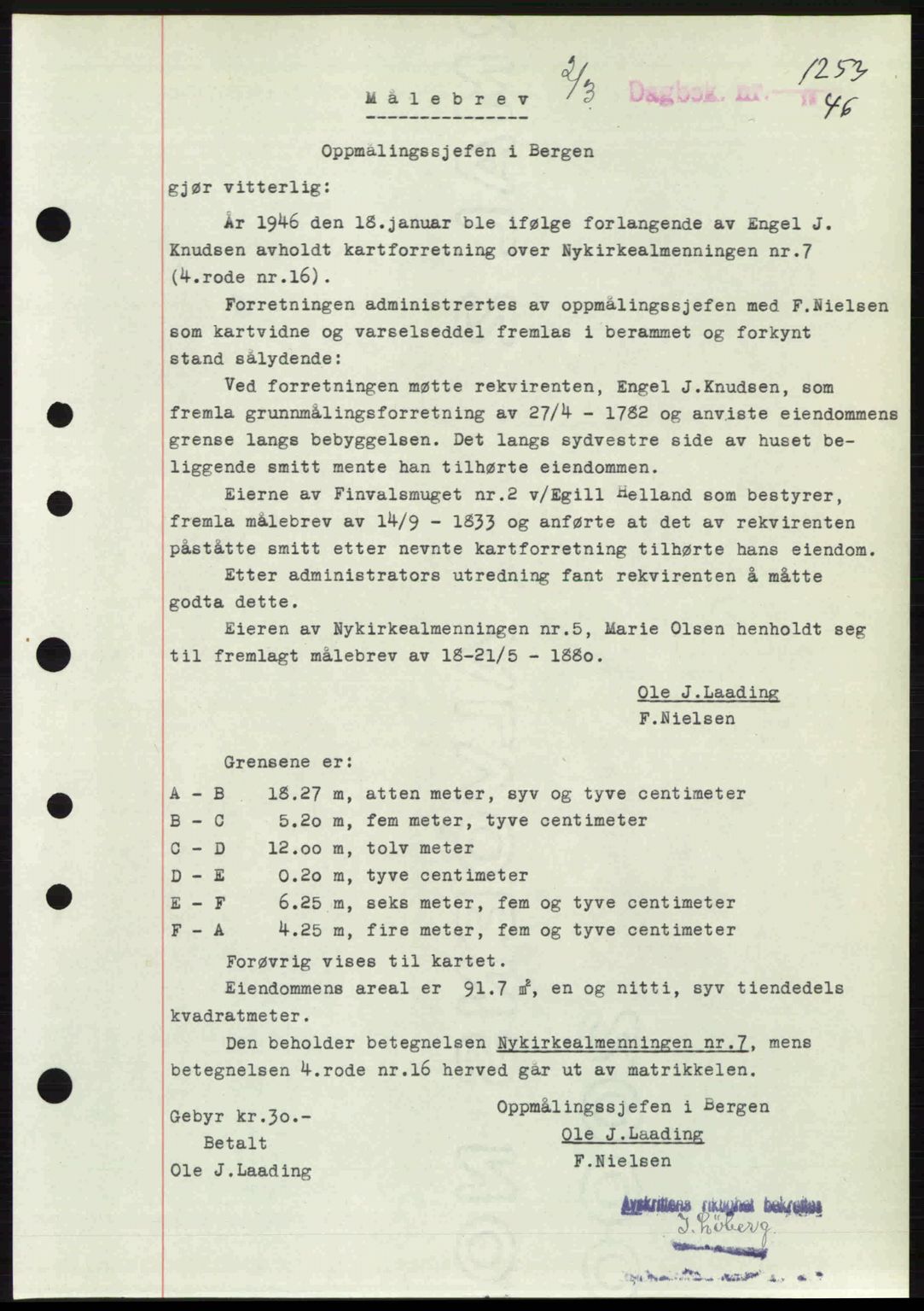 Byfogd og Byskriver i Bergen, SAB/A-3401/03/03Bc/L0022: Mortgage book no. A18, 1946-1946, Diary no: : 1253/1946