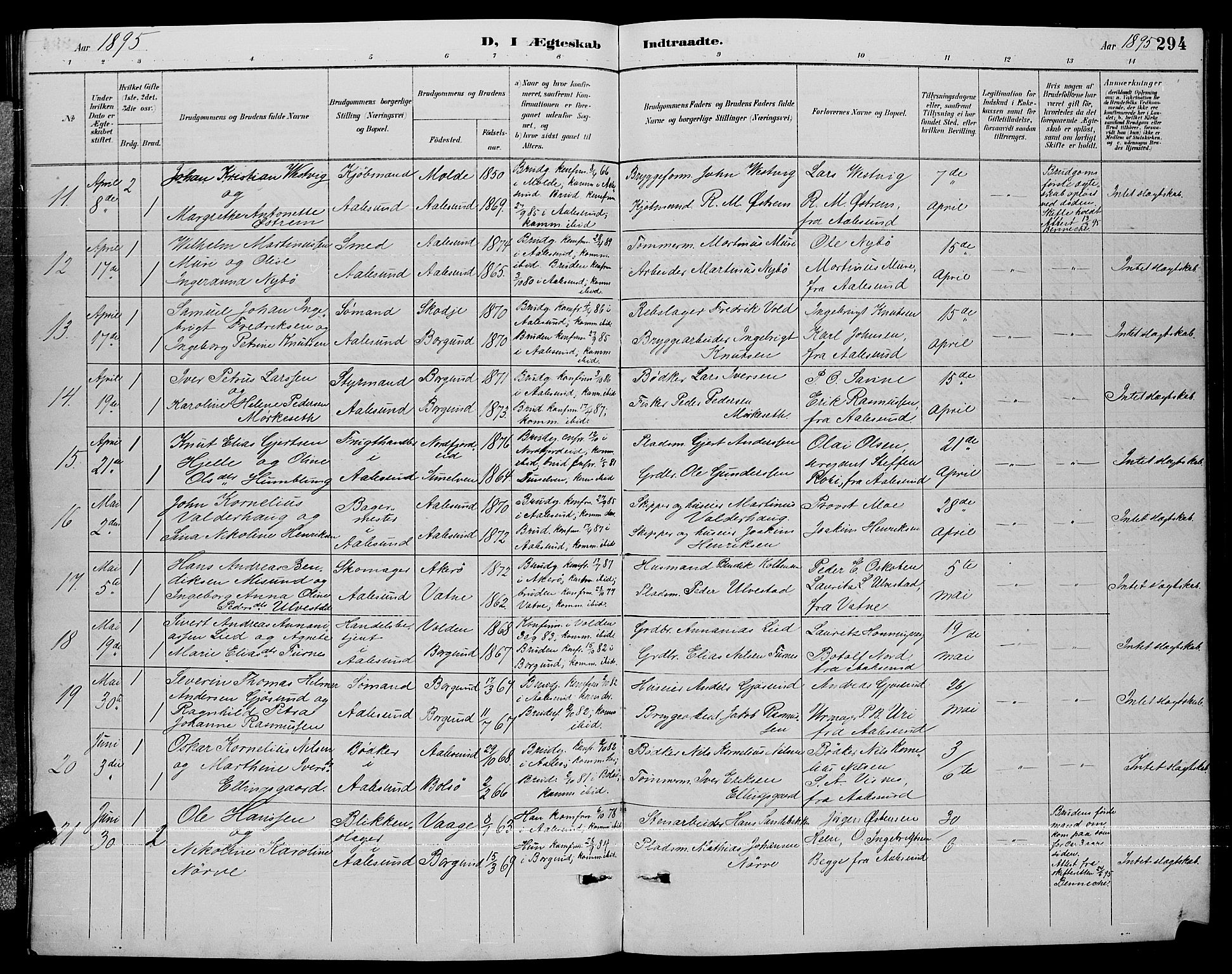 Ministerialprotokoller, klokkerbøker og fødselsregistre - Møre og Romsdal, AV/SAT-A-1454/529/L0467: Parish register (copy) no. 529C04, 1889-1897, p. 294