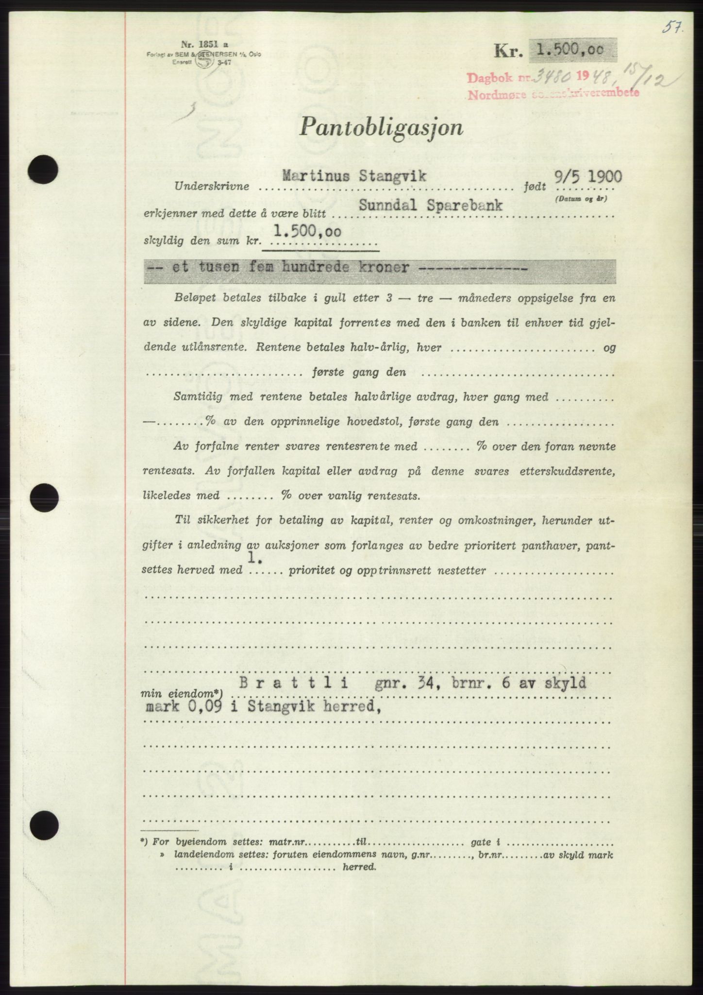 Nordmøre sorenskriveri, AV/SAT-A-4132/1/2/2Ca: Mortgage book no. B100, 1948-1949, Diary no: : 3480/1948