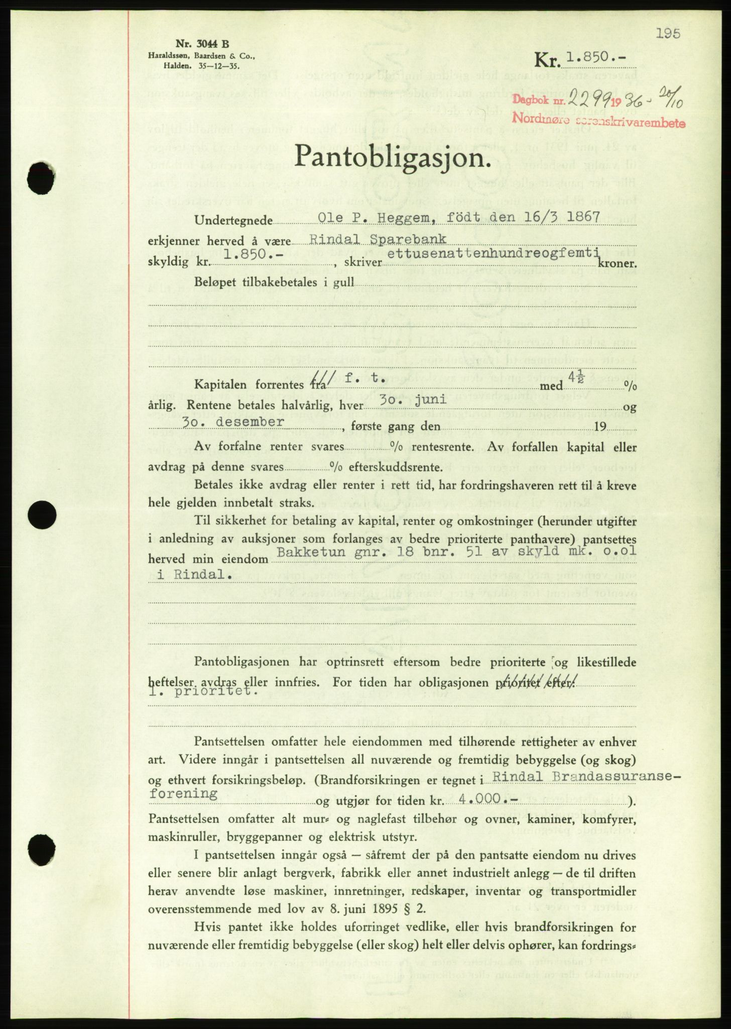 Nordmøre sorenskriveri, AV/SAT-A-4132/1/2/2Ca/L0090: Mortgage book no. B80, 1936-1937, Diary no: : 2299/1936