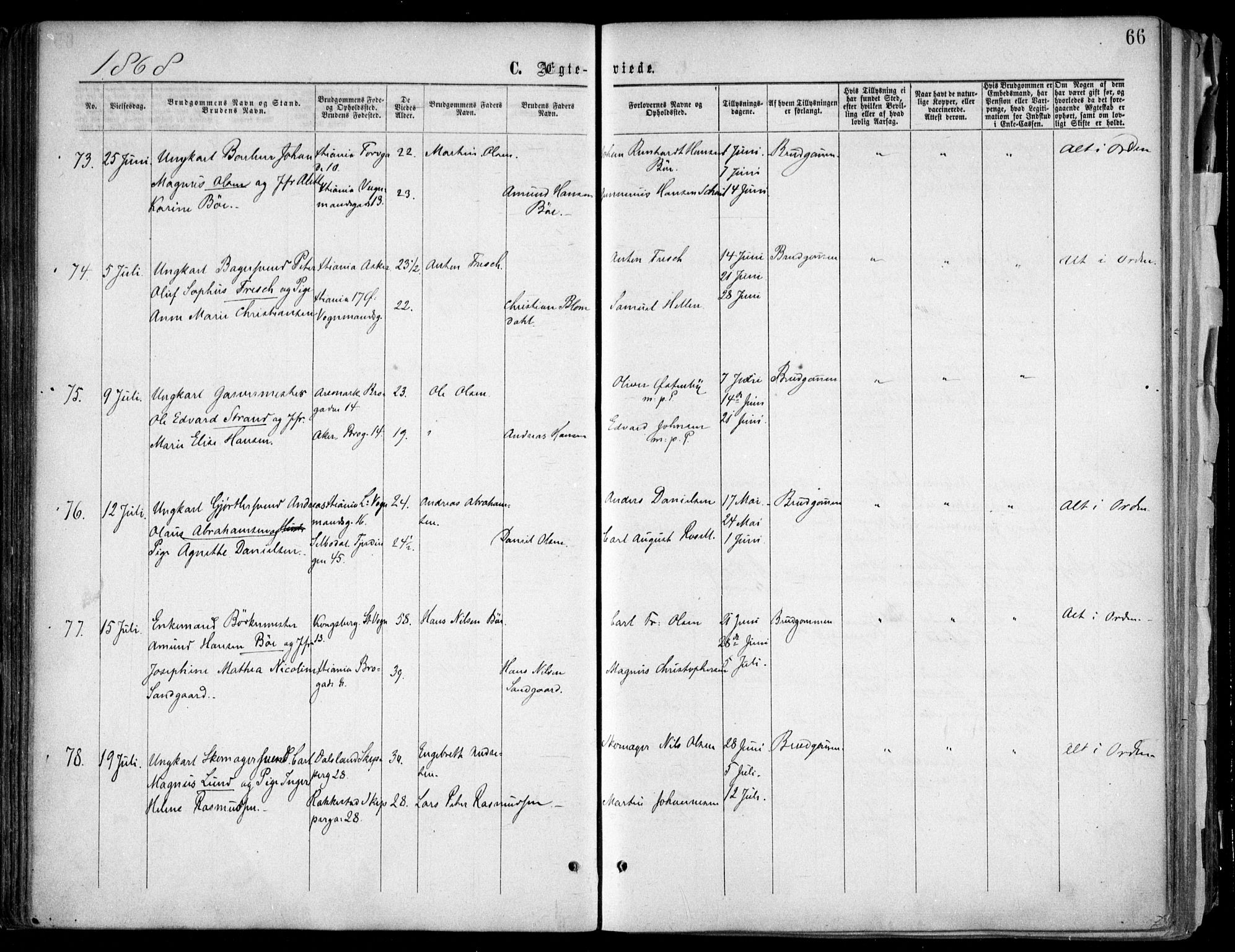 Oslo domkirke Kirkebøker, SAO/A-10752/F/Fa/L0021: Parish register (official) no. 21, 1865-1884, p. 66