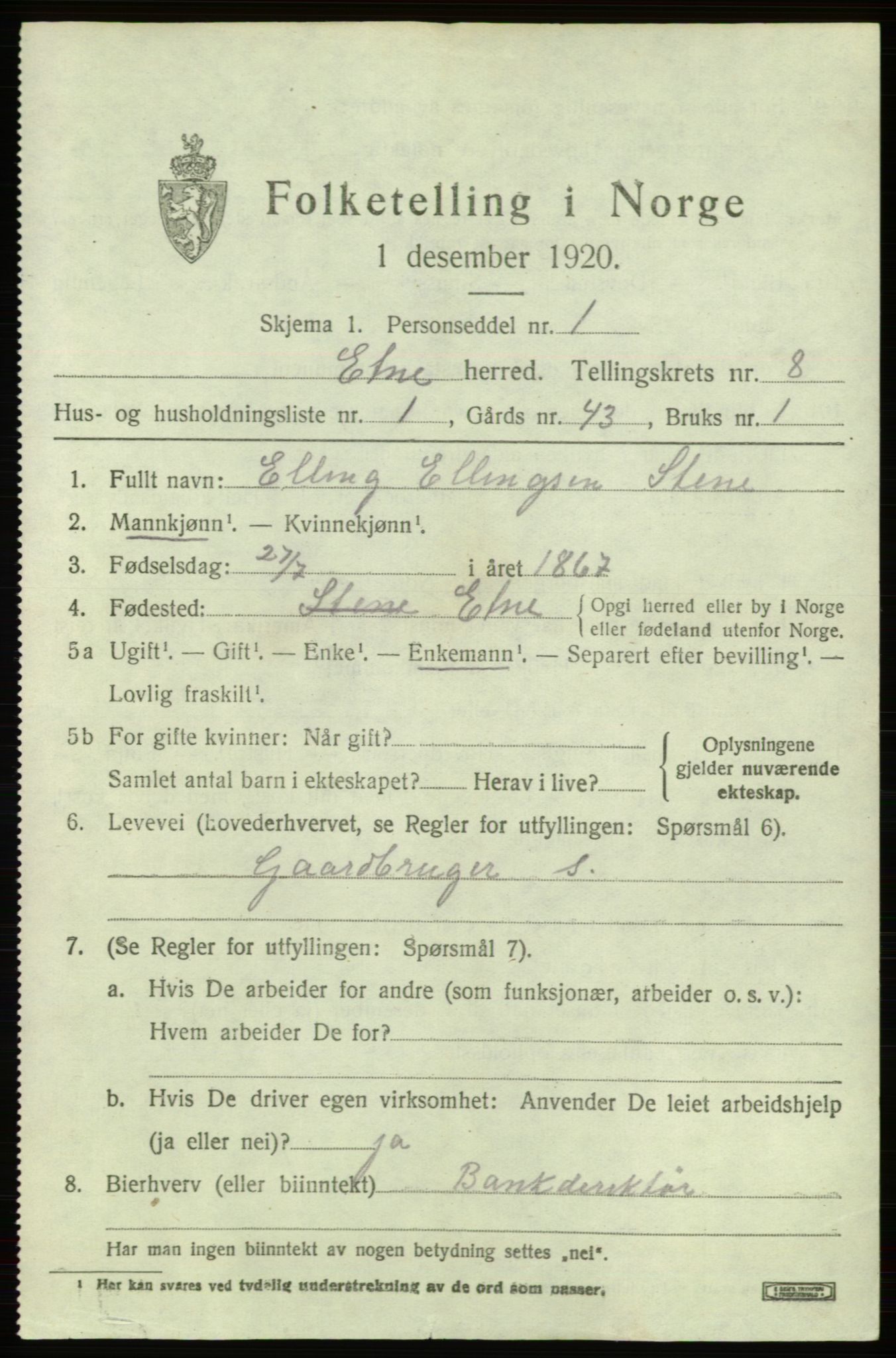 SAB, 1920 census for Etne, 1920, p. 3385